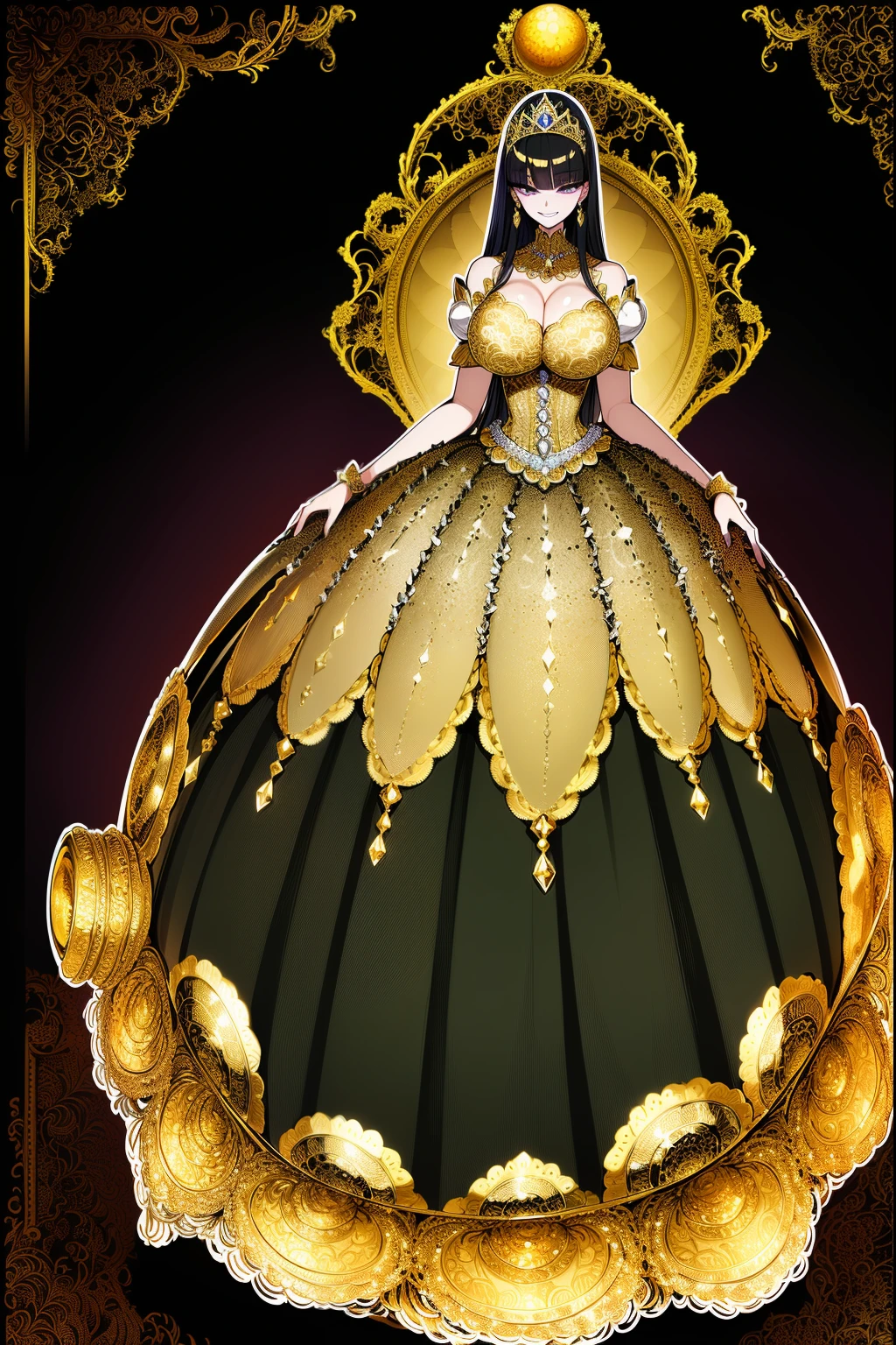 ((anime artstyle)),(Masterpiece),(Best Quality), (Super Detail),((Very Delicate and Beautiful)),((Solo)),((full body)),((1 arrogant queen in glitter jeweled black and gold gorgeousfull ball gown with voluminous fluffy skirt)),((BlingBling)),((arrogant)),(((haughty smile))),(Purple eyes),Sharp eyes,detailed face and eyes,jewel-like eyes,((Very Long voluminous black Hair)),Straight Hair,((Bangs between eyes)),((gorgeousfull embroidery and lace)),gorgeous corsage,See-through,gorgeousfull hair ornament,gorgeousfull glitter jeweled tiara,ornate ruffles,((gigantic breasts,Long breasts)),skindentation,((full body)),((hoop skirt,crinoline)),gorgeousfull jewelry ornaments,Dynamic Angle,Looking at viewer,royal gorgeous palace,(((gorgeous embroidery and glitter jeweled black and gold gorgeousfull ball gown with voluminous fluffy skirt))),(full body)