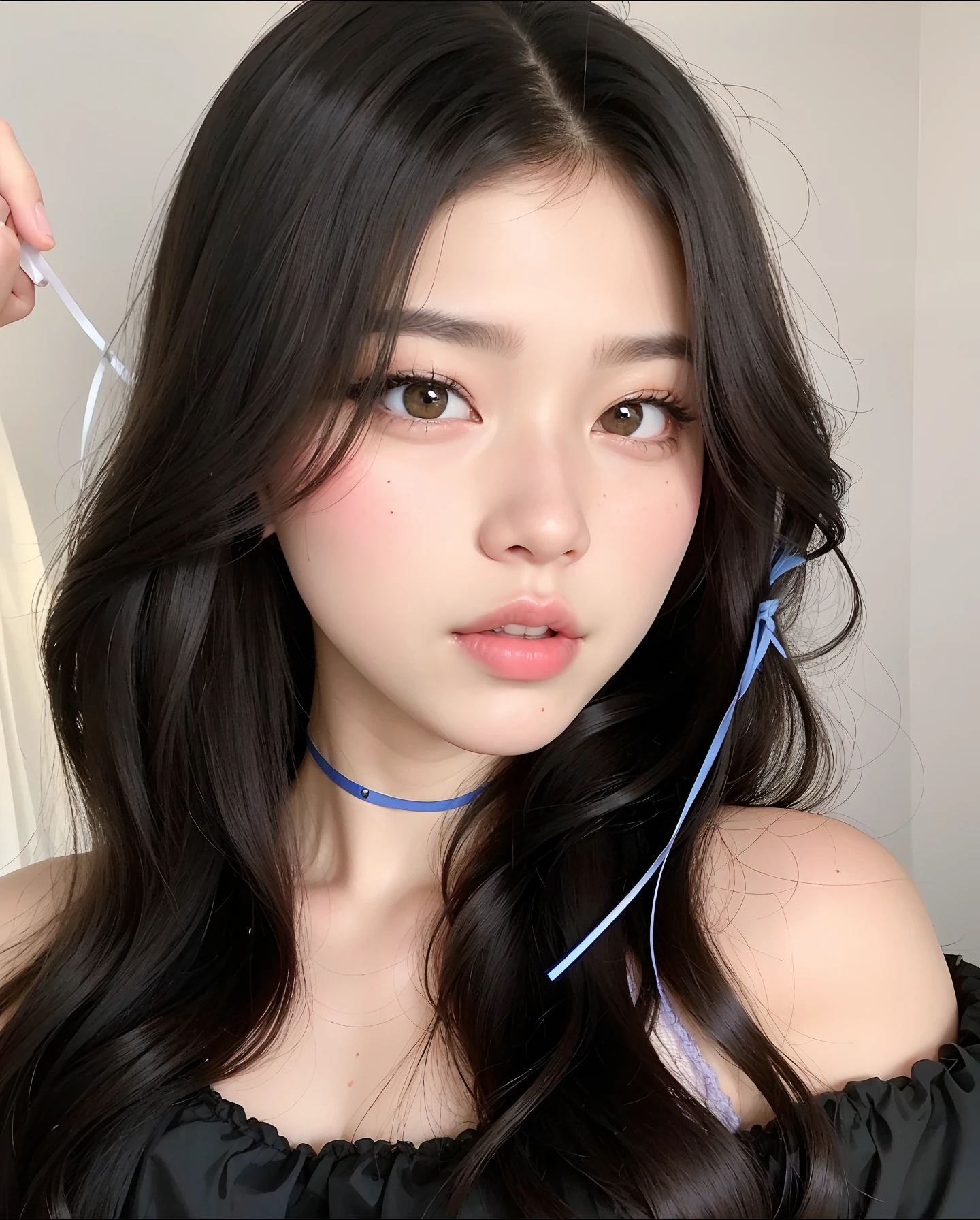um close up de uma mulher com longos cabelos pretos usando um estrangulamento, Ulzzang, maquiagem sul-coreana popular, maquiagem coreana popular, pale porcelain white skin, beautiful aesthetic face, com cabelos longos e olhos penetrantes, wan adorable korean face, Retrato Jisoo Blackpink, korean face features, Sakimichan, menina coreana, pale snow white skin, pale round face