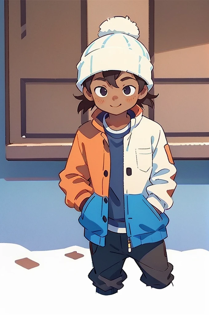 (Best quality at best,tmasterpiece),1boys,Beanie without brimmy,jaket,Winters,Dark skin,freckle,looking at viewert,ssmile,street corner,Hands in your pockets,
