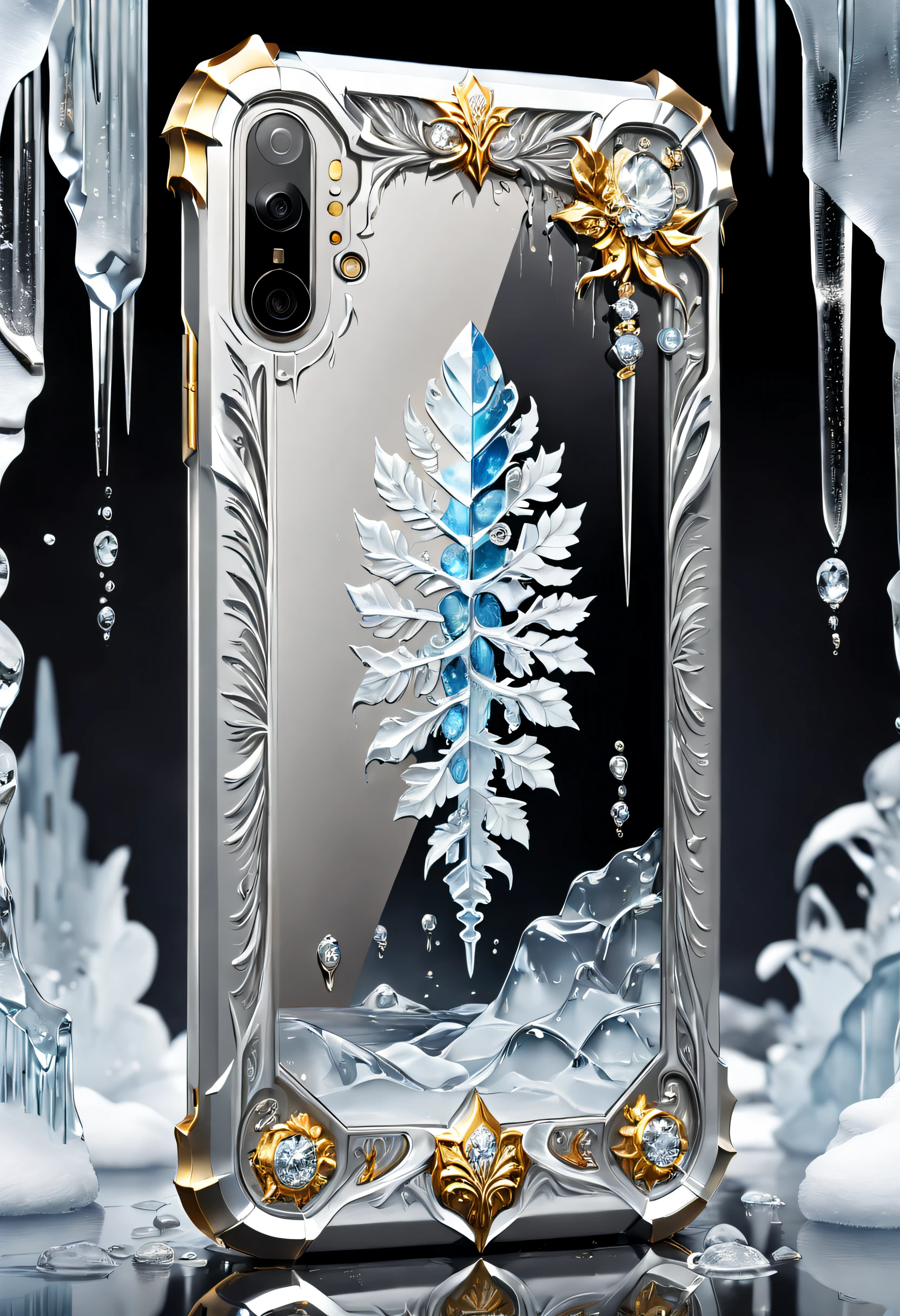 (8K, 16k, Award-winning, Highest quality, Highest resolution, Super detail, High detail, Anatomically correct, Masterpiece, Stunning beauty), Smartphones inside icicles , smartphone, delicate craftsmanship , Legendary smartphones, Rare and precious, Intricate details, Smartphones are made of a metal called orichalcum, There are no gemstones, (Ancient characters are engraved on the inside of the smartphone: 1.2), Impeccable, Platinum, White, Gold and silver, Trapped in a world of ice and snow.
