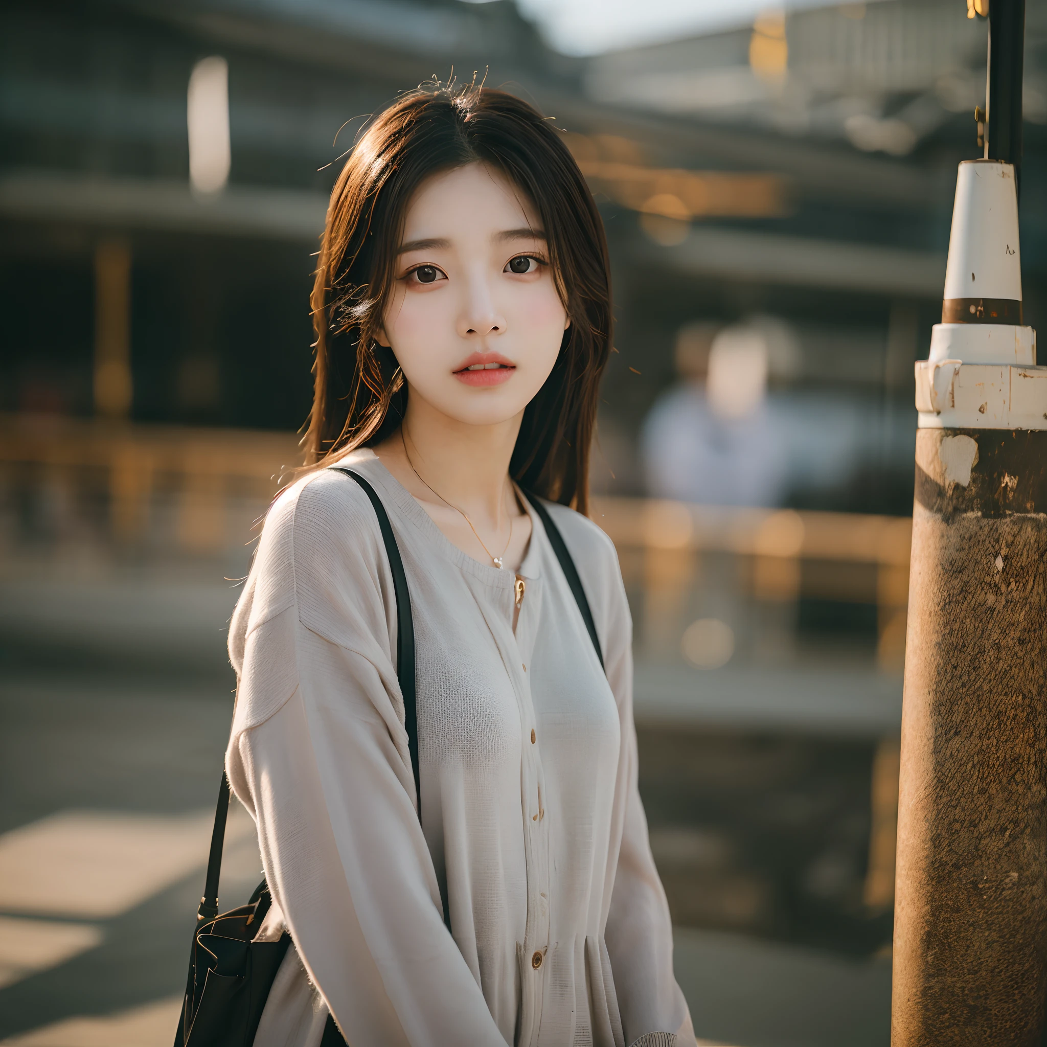 Cinematic Photo of a beautiful korean fashion model bokeh train