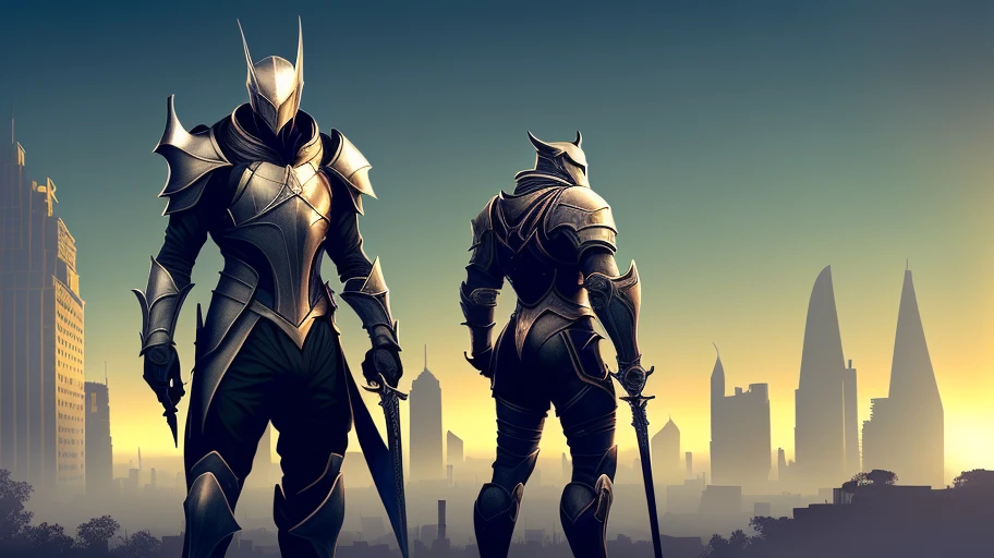 Create a silver knight that has a unique sword similar to Warframe umbra weapons, The silver knight is staring over a futuristic city and a set of world guards are behind that Royal night, for a 4k, 8K, masterpiece,