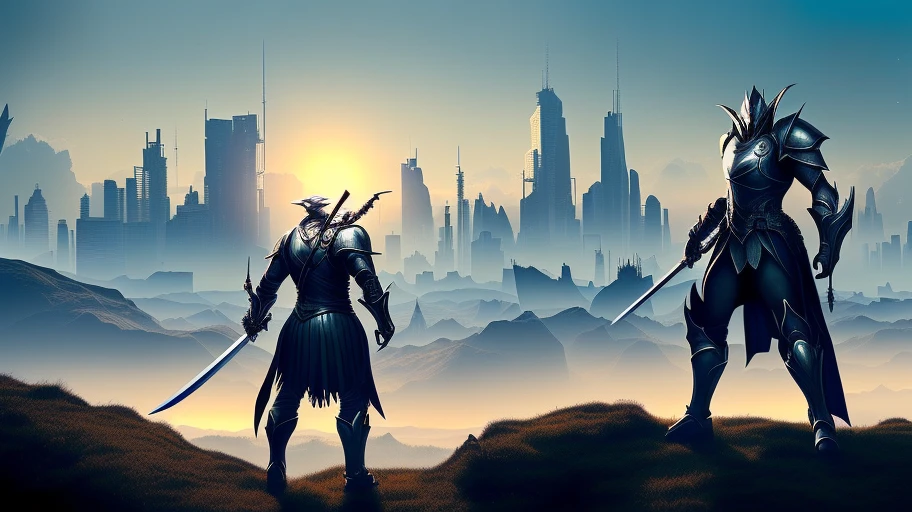 Create a silver knight that has a unique sword similar to Warframe umbra weapons, The silver knight is staring over a futuristic city and a set of world guards are behind that Royal night, for a 4k, 8K, masterpiece,