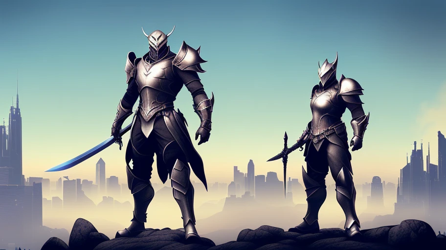 Create a silver knight that has a unique sword similar to Warframe umbra weapons, The silver knight is staring over a futuristic city and a set of world guards are behind that Royal night, for a 4k, 8K, masterpiece,