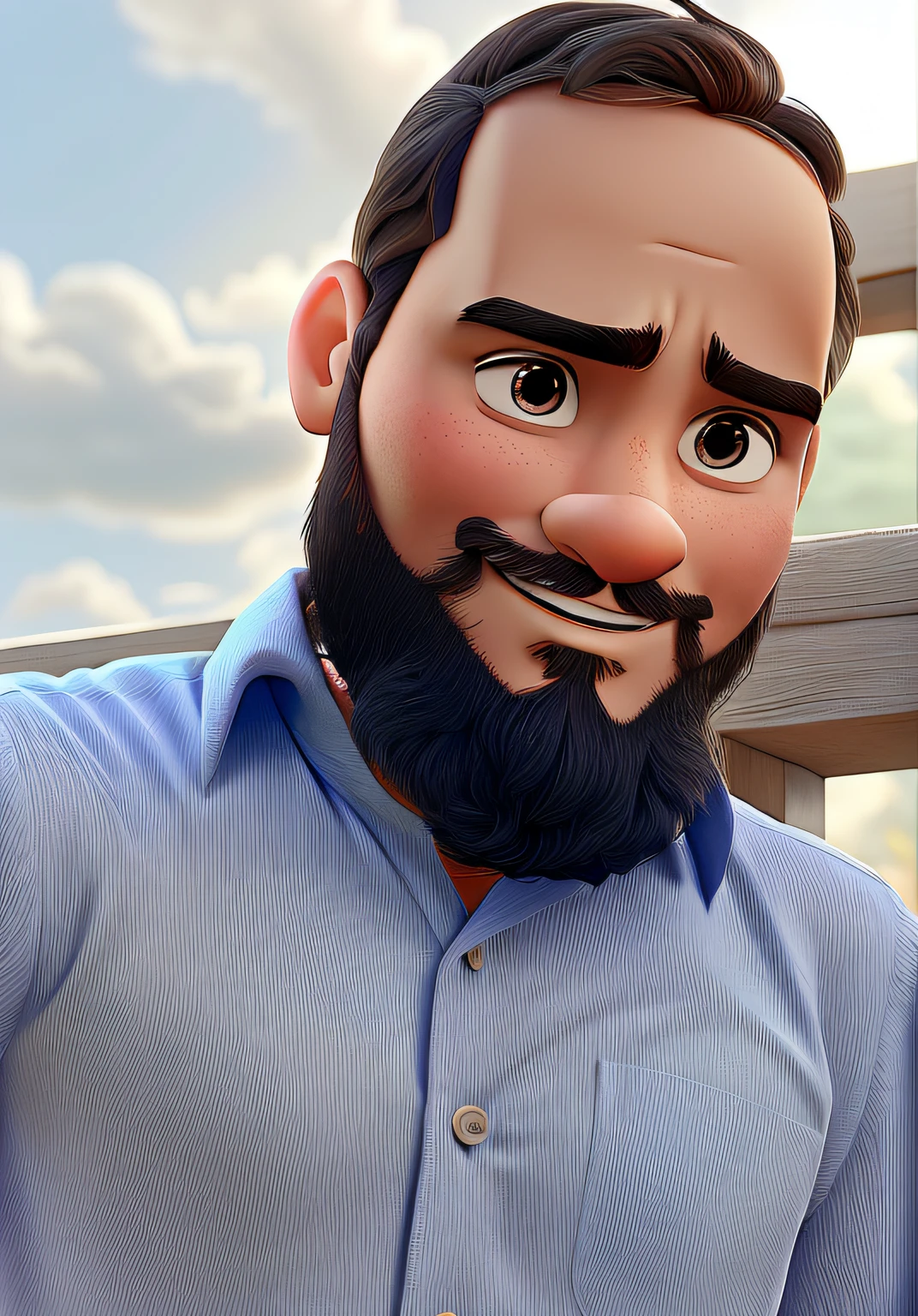 Estilo Disney Pixar, homem jovem, sem rugas, com barba