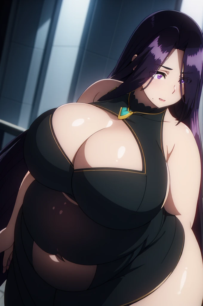 (Night:1.7), Japan, cyberpunk, CityView, Before Window,
Standing at attention,
bare_shoulders, black_dress,DEEP_cleavage, black_cleavage_cutout, depth_of_field, dress, earrings,jewelry,black_heart_cutout,
long purple hair,very_long_hair,hair_over_one_eye,
1 girl, 20yo,Young female,Beautiful Finger,Beautiful long legs,Beautiful body,Beautiful Nose,Beautiful character design, perfect eyes, perfect face,expressive eyes,
looking at viewer, in the center of the image,(Upper_body),(close-Up),(Focus on her face),
official art,extremely detailed CG unity 8k wallpaper, perfect lighting,Colorful, Bright_Front_face_Lighting,shiny skin,
(masterpiece:1.0),(best_quality:1.0), ultra high res,4K,ultra-detailed, chubby, ((massive tits)),she has a jiggly fat round belly, ssbbw, ((natural big body)),(((natural the biggest ass))), (((massive fat thick natural belly))), (((oversized gigantic stomach)),
photography, 8K, HDR, highres, absurdres:1.2, Kodak portra 400, film grain, blurry background, bokeh:1.2, lens flare, (vibrant_color:1.2)
(Beautiful,large_Breasts:1.4), (beautiful_face:1.5),(narrow_waist),