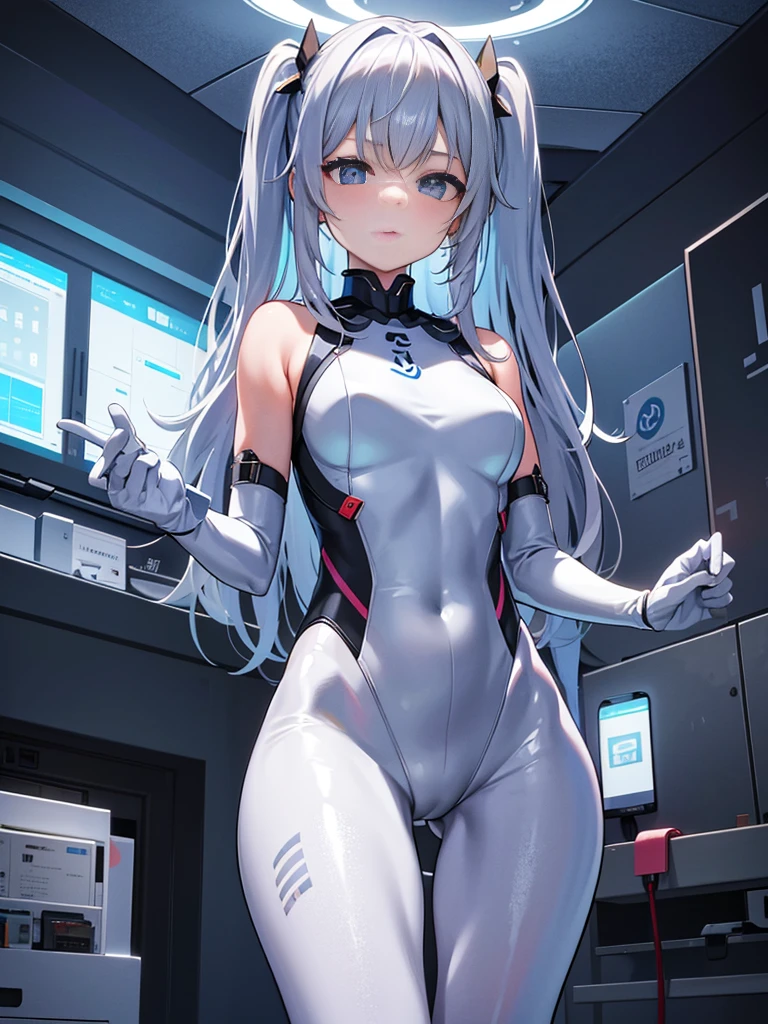 One girl、Inside the spacecraft、A girl and a beautiful sight are spreading。The walls and ceiling are covered with panels of futuristic design.、It has a fantastic glow。The interior of the ship is spacious々and々And々And、A variety of scientific instruments and consoles are located。The interior space of the spacecraft is、、、It features a silvery metallic texture and a curvaceous design、focus on girl