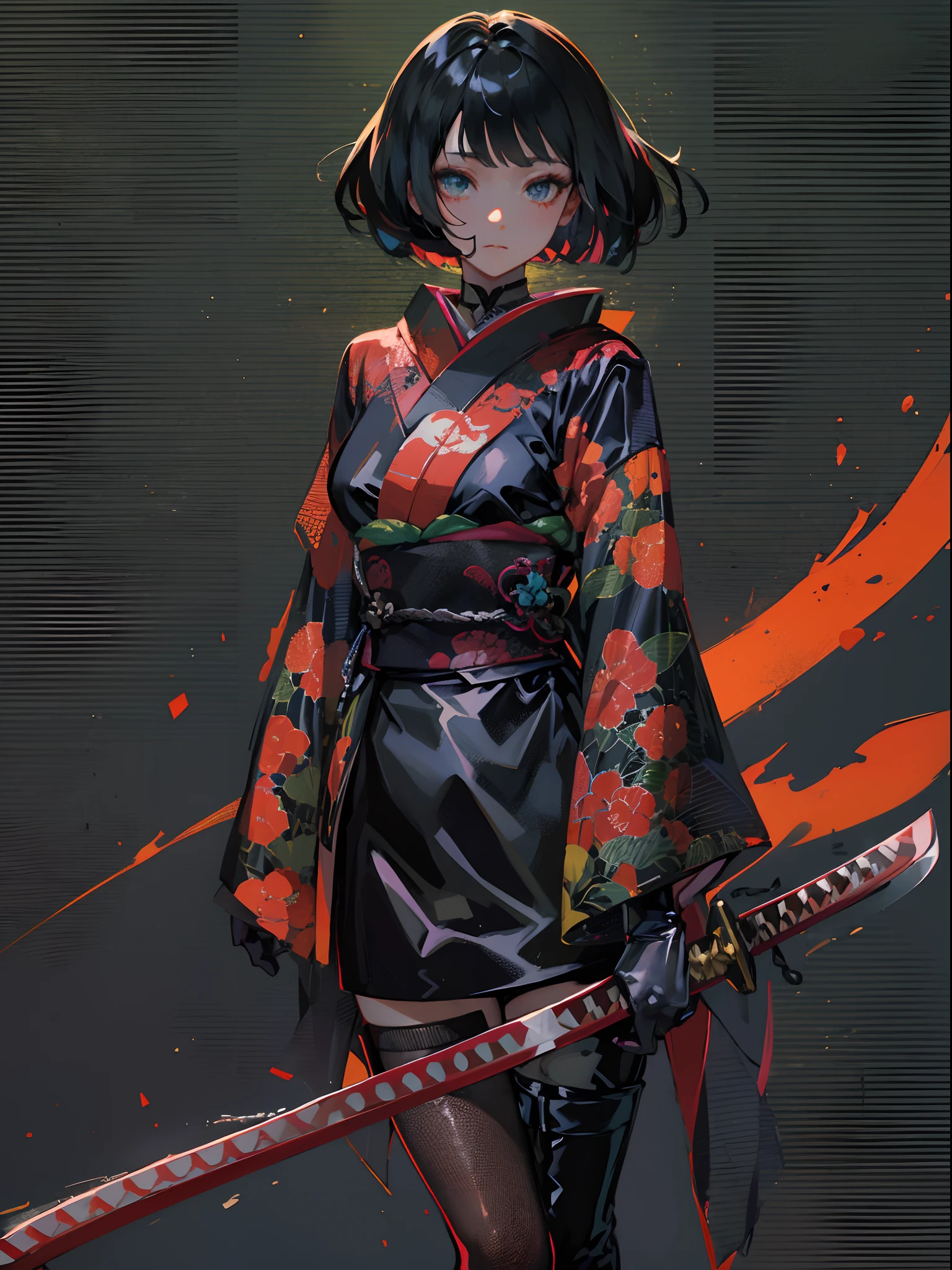 One woman wearing kimono, black background,  intricate red patterns, 
full shot, holding a katana in her left hand, detailed and cruel face, black rubber mask, dark hair, asymmetrical short bob, 
black latex gloves, black latex knee-high boots, 
movie light.