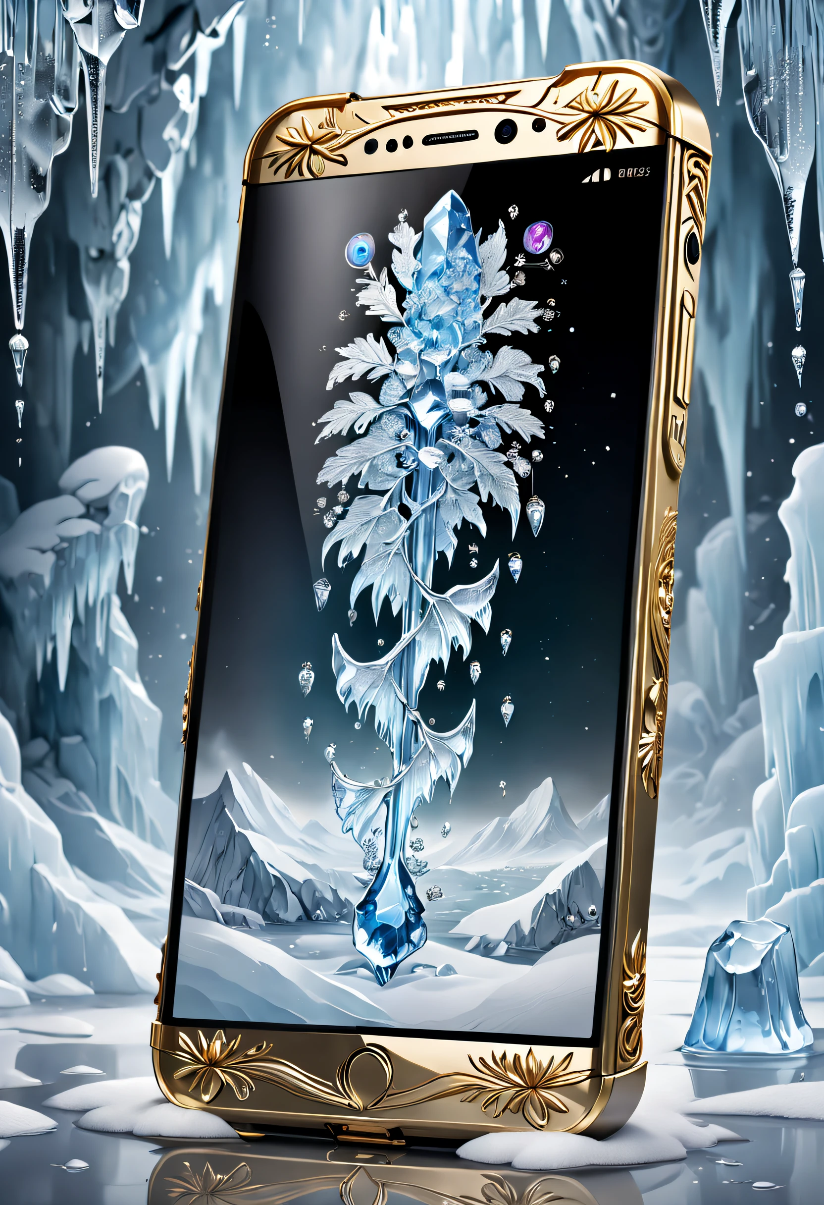 (8K, 16k, Award-winning, Highest quality, Highest resolution, Super detail, High detail, Anatomically correct, Masterpiece, Stunning beauty),  Smartphones inside icicles , smartphone, delicate craftsmanship , Legendary smartphones, Rare and precious, Intricate details, Smartphones are made of a metal called orichalcum, There are no gemstones, (Ancient characters are engraved on the inside of the smartphone: 1.2), Impeccable, Platinum, White, Gold and silver, Trapped in a world of ice and snow.
