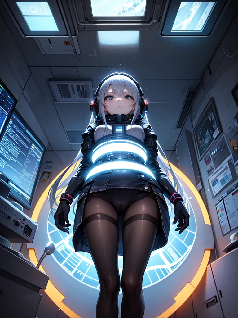 One girl、Inside the spacecraft、A girl and a beautiful sight are spreading。The walls and ceiling are covered with panels of futuristic design.、It has a fantastic glow。The interior of the ship is spacious々and々And々And、A variety of scientific instruments and consoles are located。The interior space of the spacecraft is、、、It features a silvery metallic texture and a curvaceous design、focus on girl