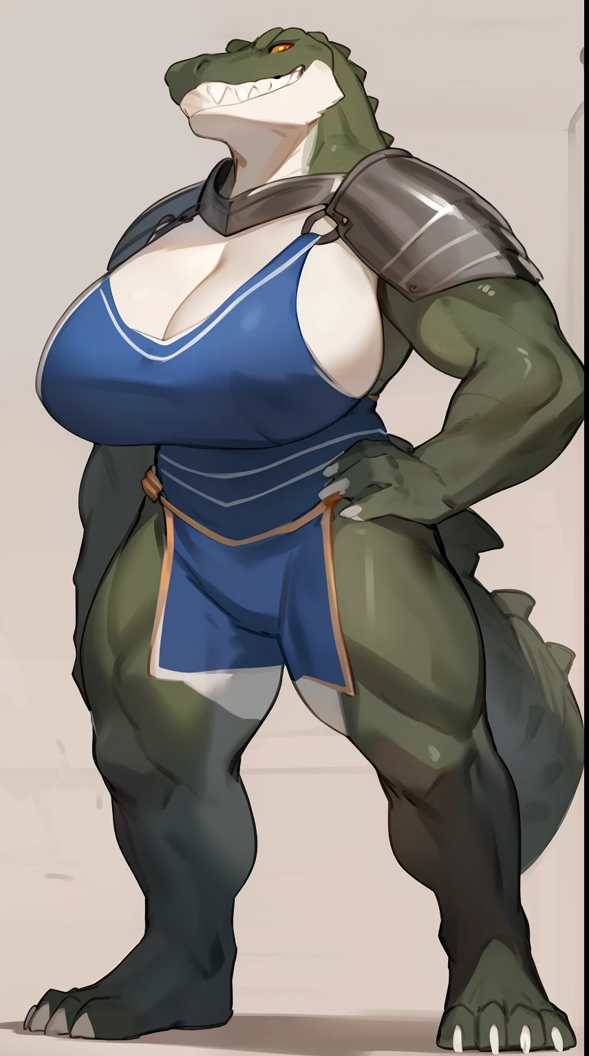 Solo, standing, female, alligator, (((By bebebebebe))), by buta99, by chunie, by sonsasu, by danza, grey skin, orange eyes, giant, gigantic, enormous, massive, huge, strong, powerful, muscular, buff, hulking, thick, big breasts, ((underbite, sharp white teeth)), smirking, knight, steel armor, steel chestpiece,full body