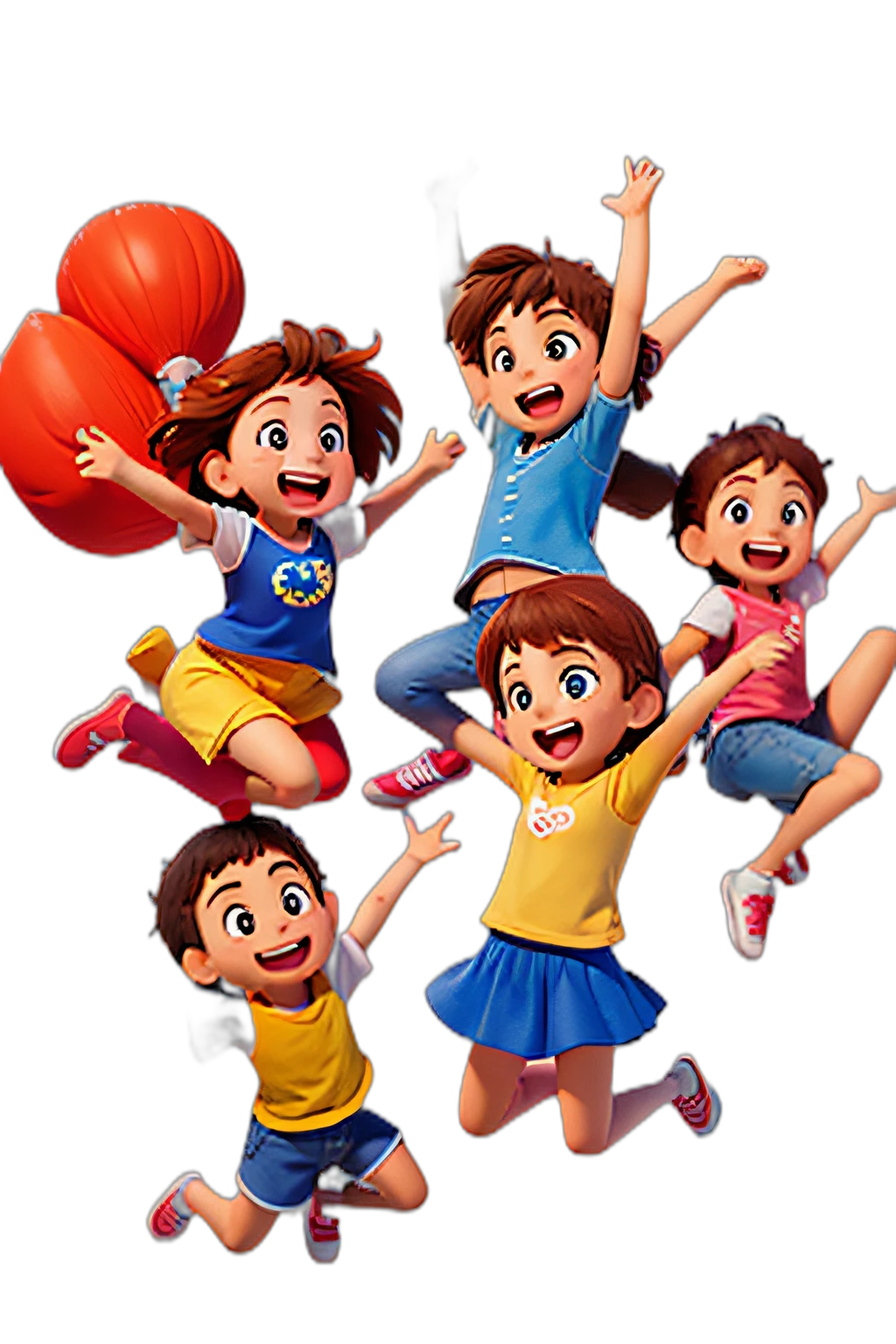 5 happy kids jumping, com um fundo azul