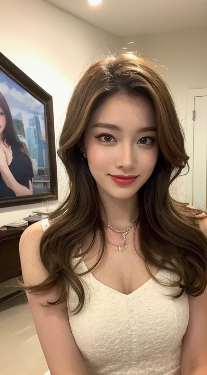((top-quality、8K、tmasterpiece:1.3))、1girl in、(Hairstyle Casual)、Super fine face、Chest gathering,Elaborate Eyes、二重まぶた、A smile、Home、The blonde、Bright red lipstick、White dress、Tea bags、fine art、Artistically、The blonde、opening legs、squatt、A MILF、Sixty years