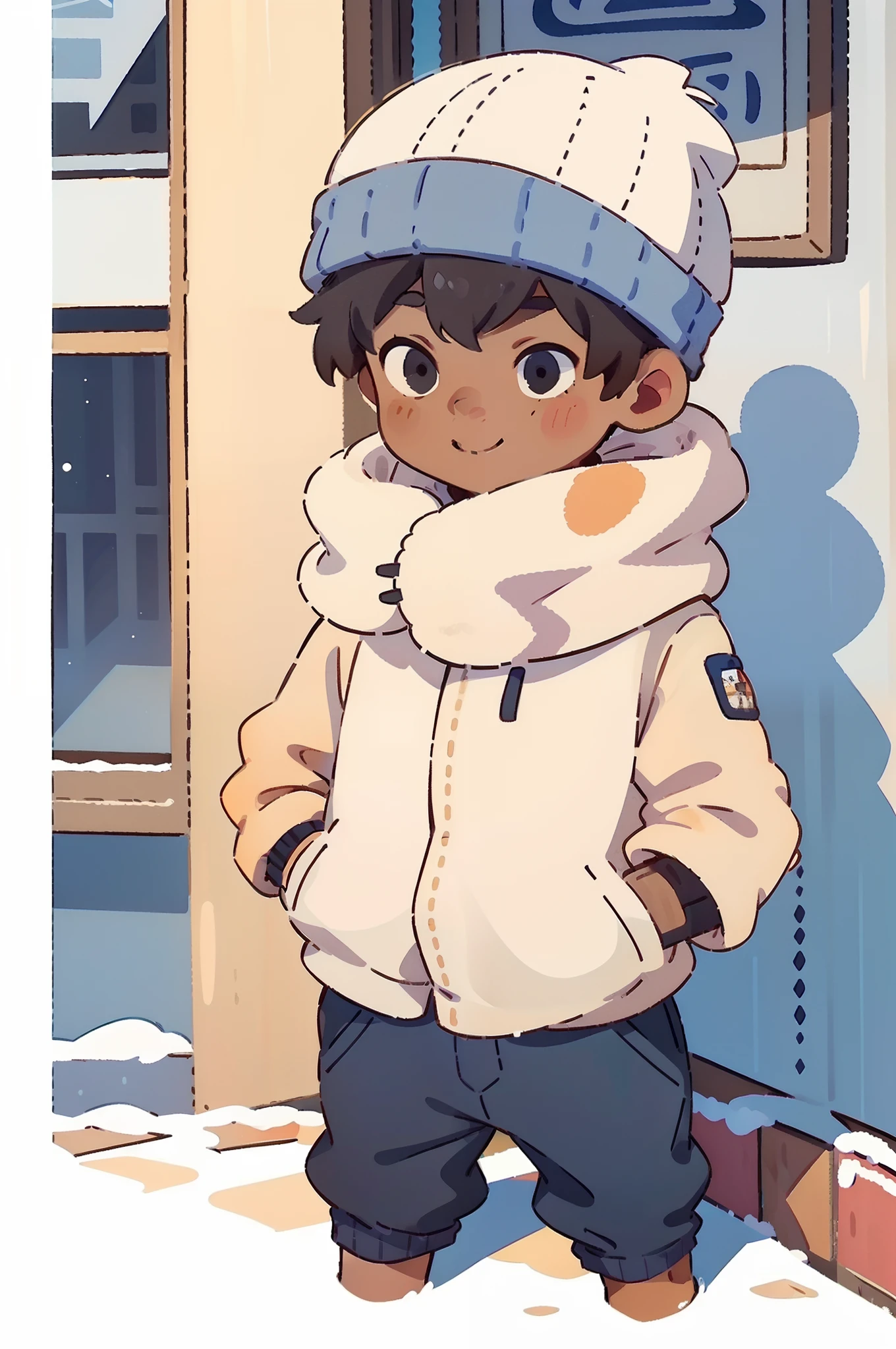 （Best quality at best，tmasterpiece），1boys，BeanieBeanieBeanieBeaniebean，jaket，Winters,Dark  skin，freckle，looking at viewert，ssmile，street corner，Hands in your pockets，