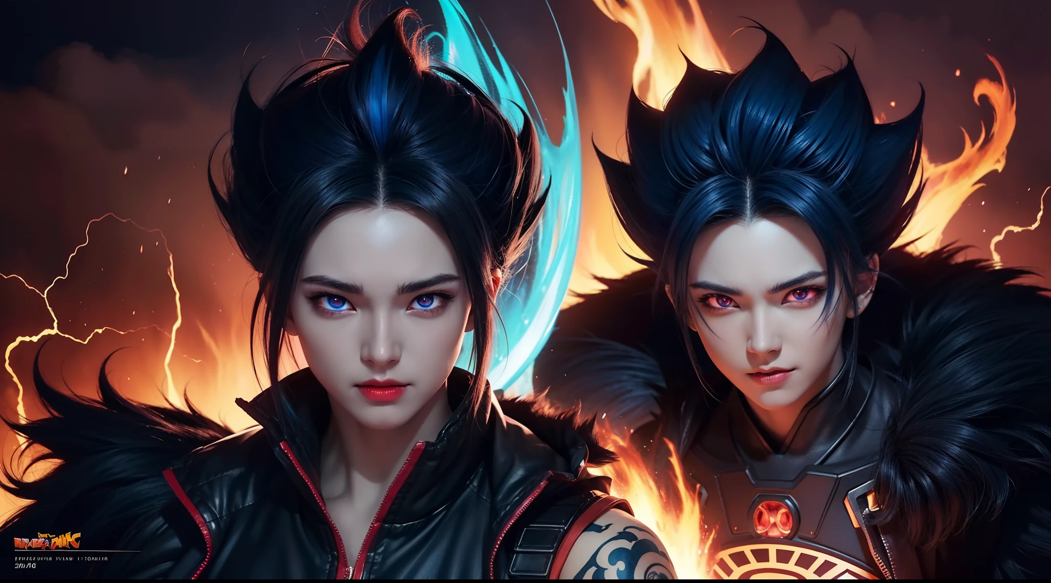 Black Garou demon god with handsome face, glowing blue hair and tattoo, glowing red eyes, transformed state mode, extreme instinct, epic anime about energy man, fire, lava , epic anime artwork, concept art Dragon Ball Universe Concept, 8k manga wallpaper, detailed digital anime art, advanced digital anime art, detailed anime artwork , bad anime 8k