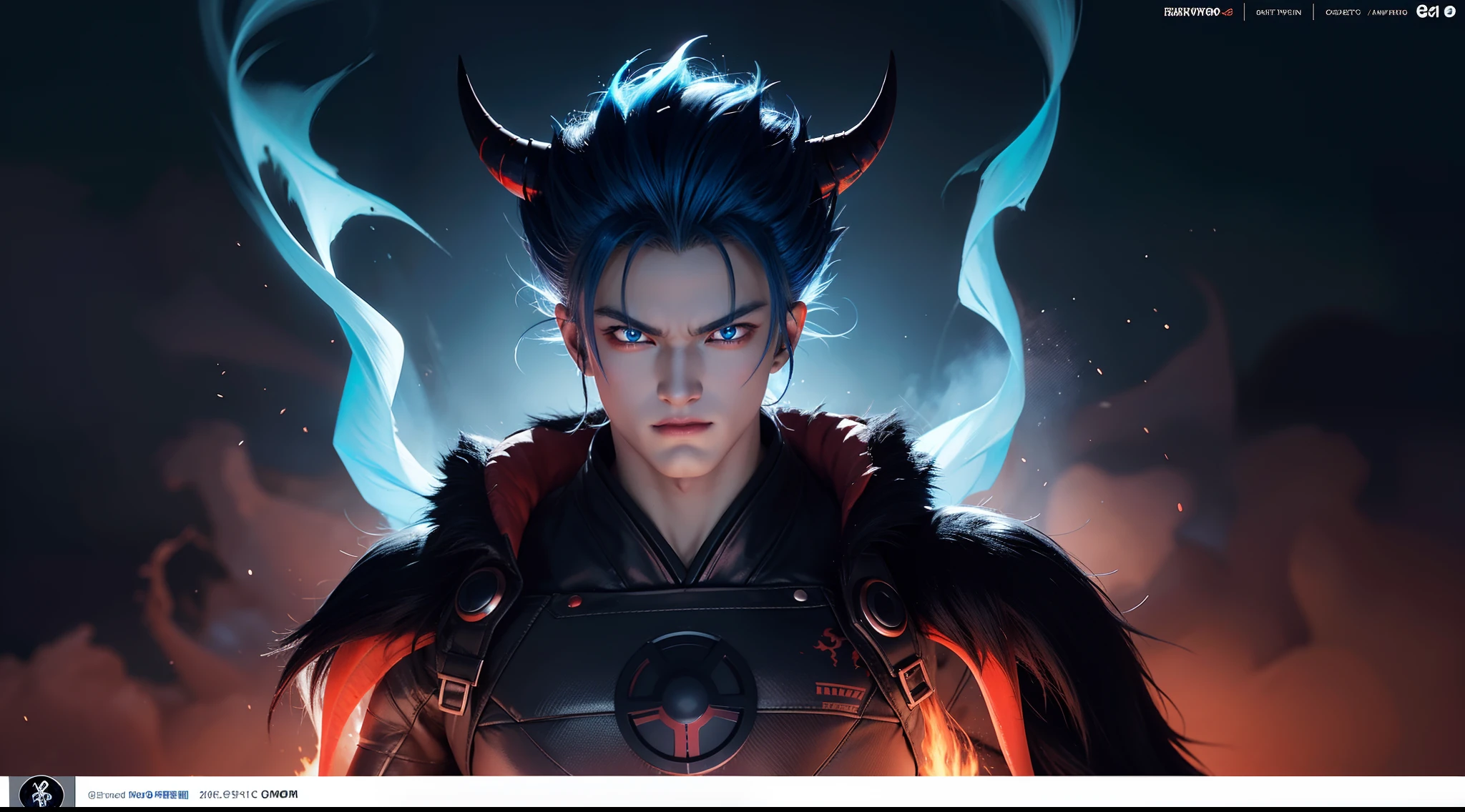 Black Garou demon god with handsome face, glowing blue hair and tattoo, glowing red eyes, transformed state mode, extreme instinct, epic anime about energy man, fire, lava , epic anime artwork, concept art Dragon Ball Universe Concept, 8k manga wallpaper, detailed digital anime art, advanced digital anime art, detailed anime artwork , bad anime 8k
