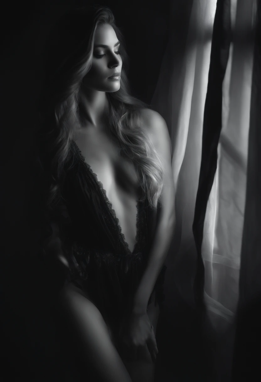 highres,(best quality,photorealistic:1.37),black and white,sexy woman,long flowing hair,black lingerie,nightlight,mysterious mist