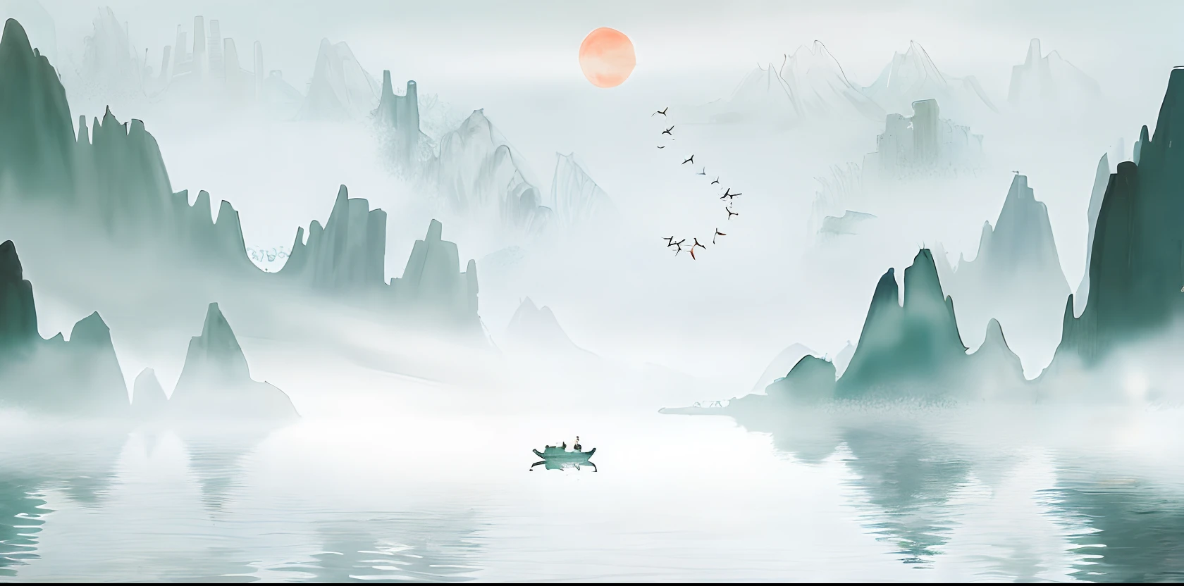 There was a boat floating in the water,Birds fly on it, in a serene landscape, Chinese landscape, Chinese style painting, serene illustration, Inspired by Ma Yuan, Chinese painting style, peaceful scenery, Chinese watercolor style, author:Xu Xi, serene scene, inspired by Xie Shichen, peaceful scene, author:Qu Leilei, China ink painting, Traditional Chinese Ink Painting,Guqin,Flute