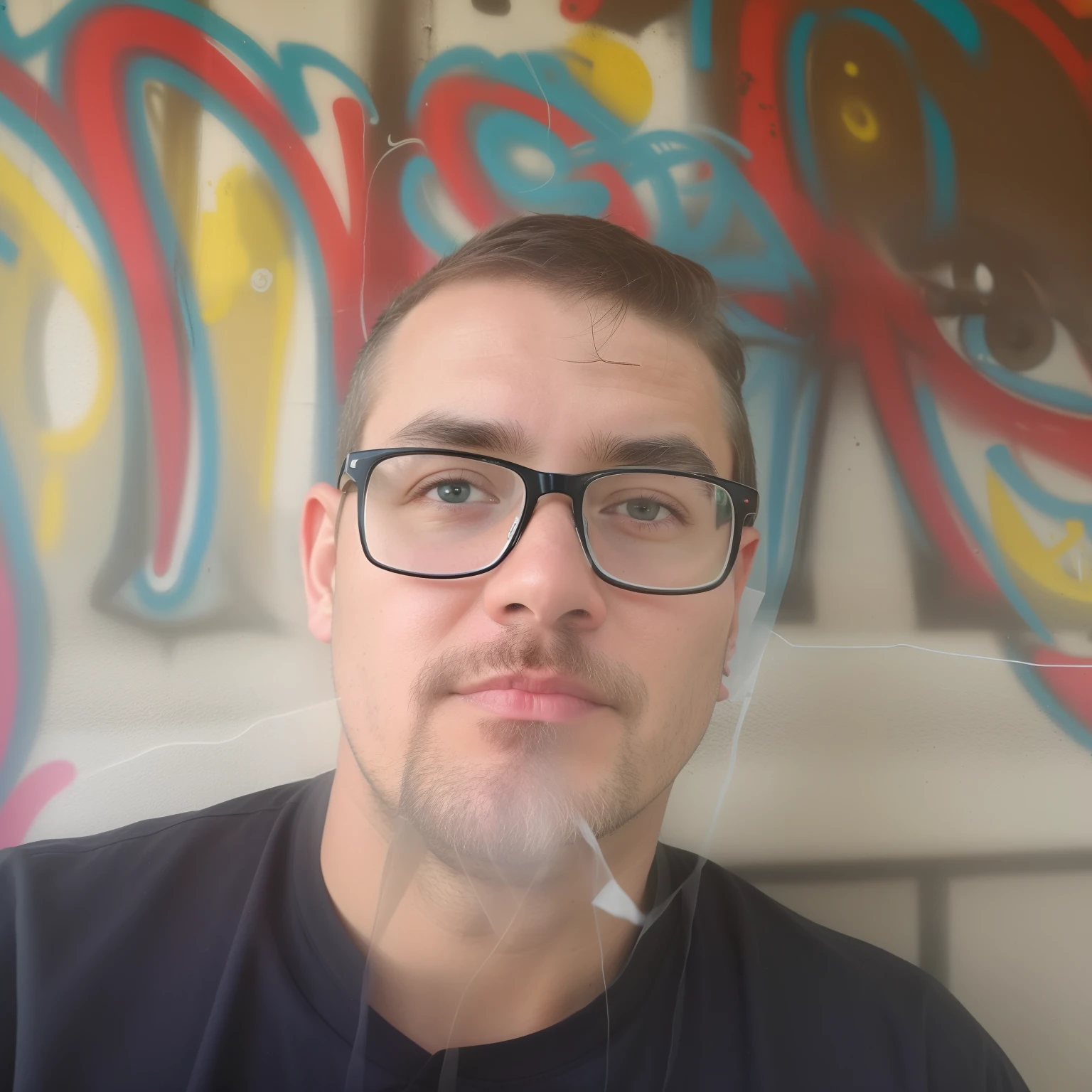 Man with glasses and black shirt in front of a wall covered in graffiti, grafite ao fundo, stable diffusion self portrait, grafite no fundo, Fotografia selfie 8k, imagem do avatar, imagem retrato, Looking towards the camera, staring directly at camera, imagem de perfil, imagem de qualidade muito baixa, looking intensely at the camera, imagem frontal