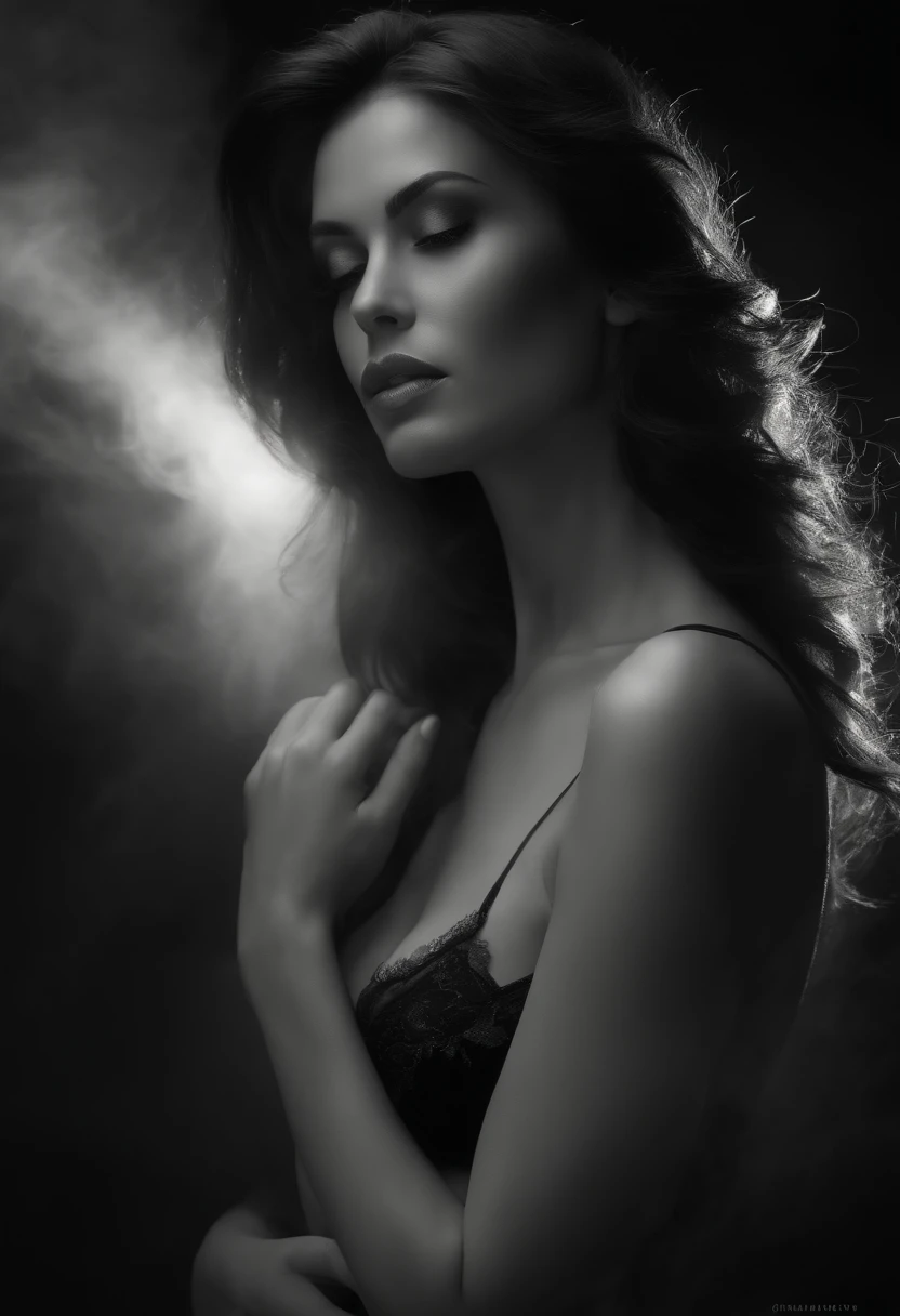 highres,(best quality,photorealistic:1.37),black and white,sexy woman,long flowing hair,black lingerie,nightlight,mysterious mist