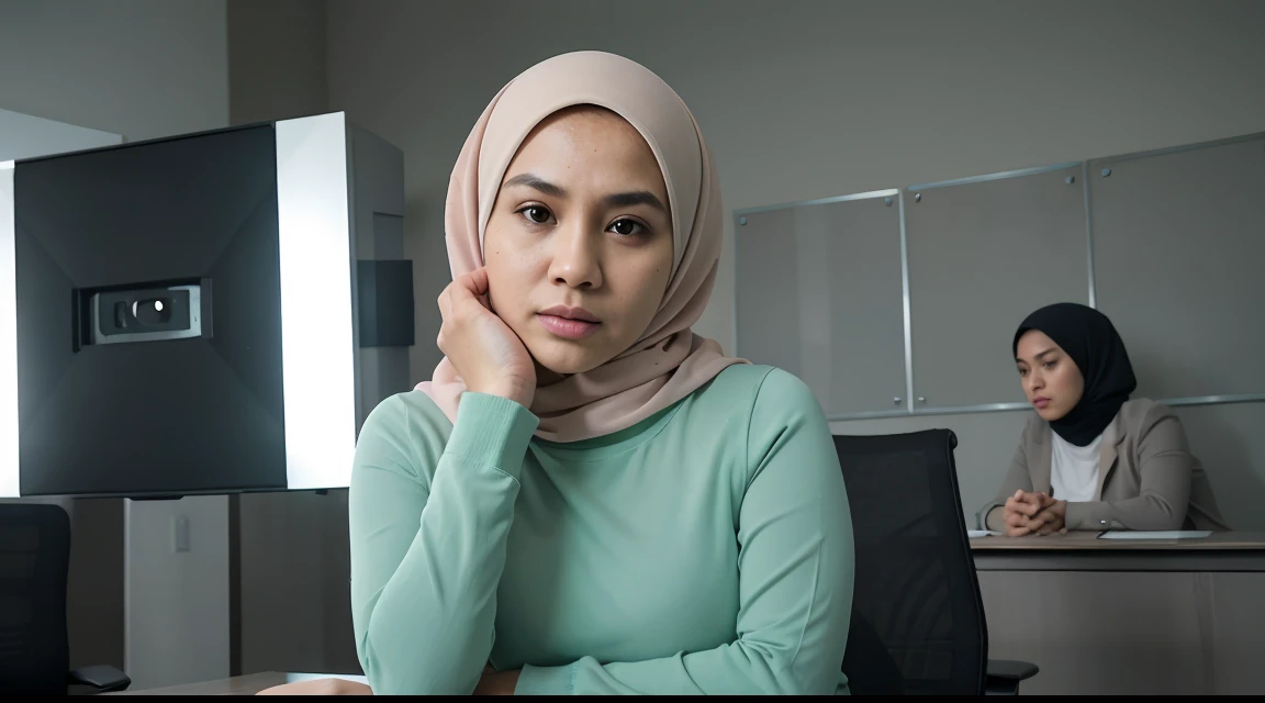 Beautiful fair skin matured malay girl in hijab seating in meeting room angry, 45 years old, milf, angry pose, angry face, meeting room, morning, wearing hijab, pastel color hijab, green office outfit, green suits, small tits, small breast, flat chest, wide waist, beer belly, thick thighs,Prores lense, Low angle shot, Desaturated color grading, rear projection, Tungsten light, Dynamic shadows, indie