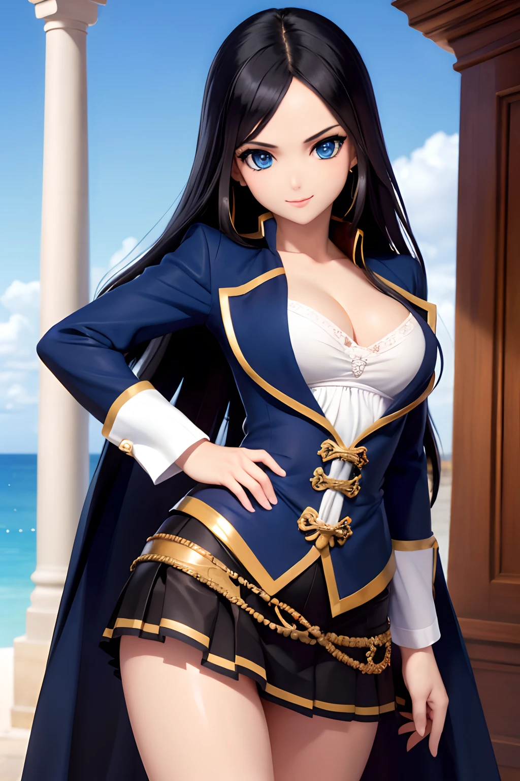 (masterpiece), (ultra high resolution), (extremely intricate), (exquisitely detailed), 1girl, (beautiful gorgeous cute woman), ( photorealistic), (beautiful blue sky eyes:1,5), Long hair, beautiful face, cute smile, nice body, black hair, suit pirate, wearing mantel pirate, short skirt pirate