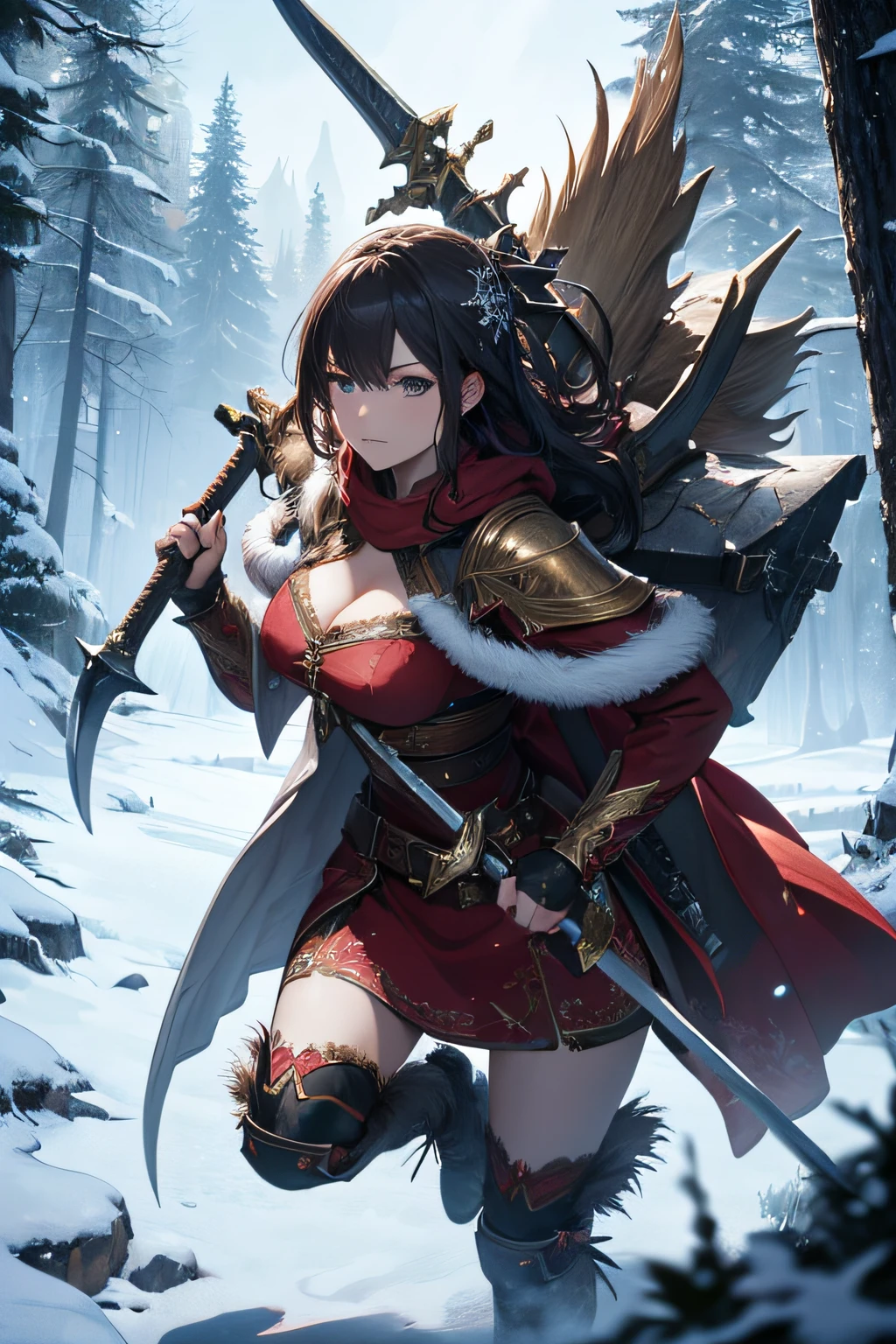 (best quality,HD,highres:1.2),detailed woman in Christmas costume,carrying a large axe on her back,wielding a massive sword,mmorpg style,fantasy,ultra-detailed weapons