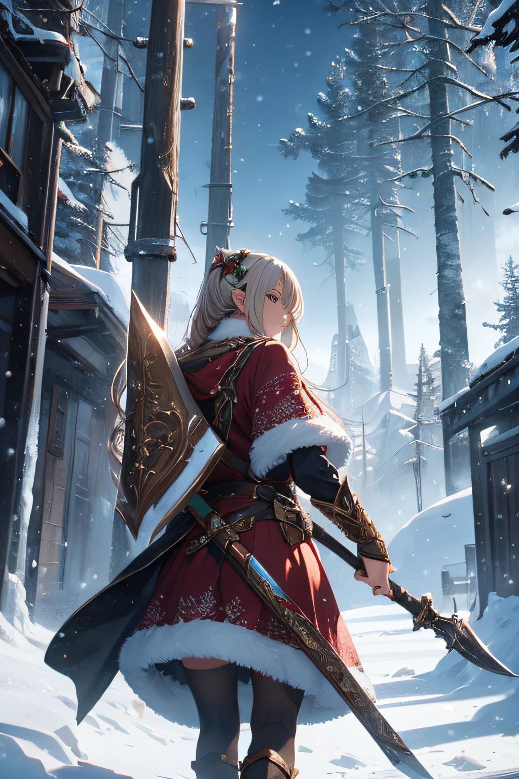 (best quality,HD,highres:1.2),detailed woman in Christmas costume,carrying a large axe on her back,wielding a massive sword,mmorpg style,fantasy,ultra-detailed weapons