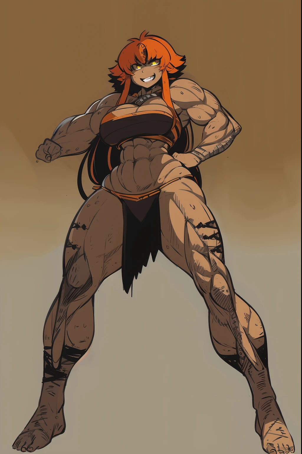 best quality, masterpiece, best shadows, black and orange hair, dark skin,,standing, full body, big breast, musclegirl, barbarian revealing cloths, , smile,#fashion design #warrior #woman #armor #clothing Trigger Words: barbarian_woman armor, smile open mouth, full body, standing, feet