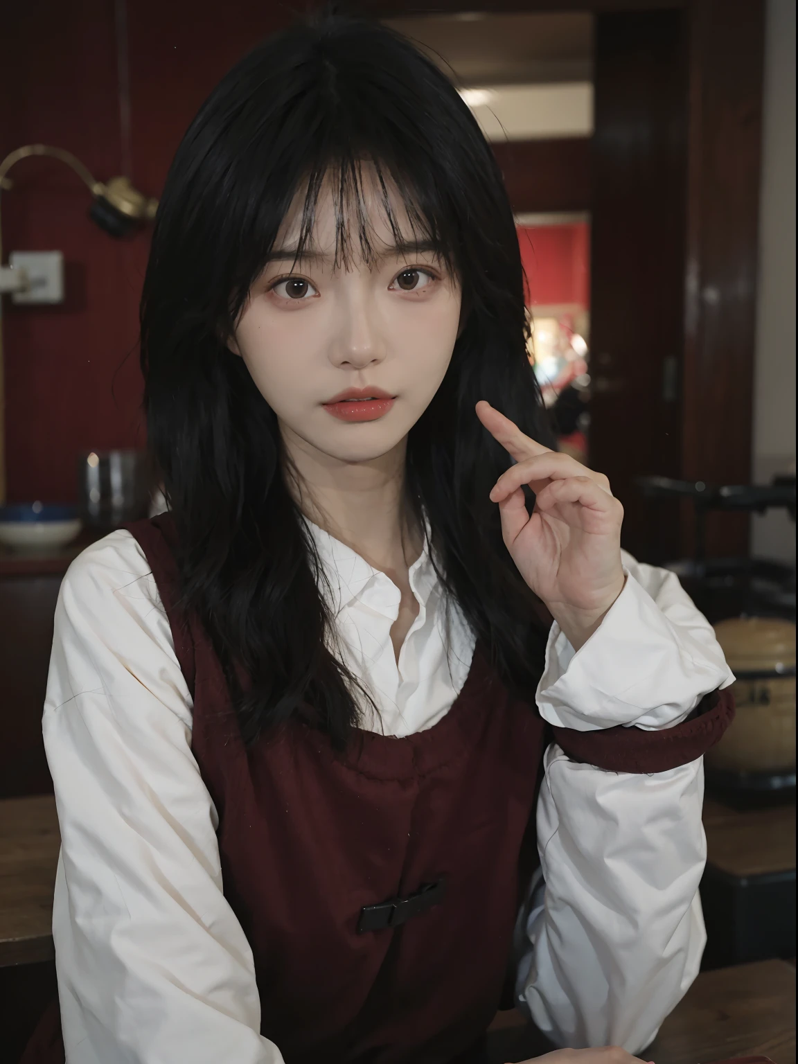best qualtiy， 超高分辨率， （realisticlying：1.4），中景 the scene is, she has red hair，By bangs, young lovely Korean faces, wan adorable korean face, ulzzangs, Shin Jinying, beautiful aesthetic face, Korean face features, Played by Liu Lee Ji Eun ，Beautiful realistic face