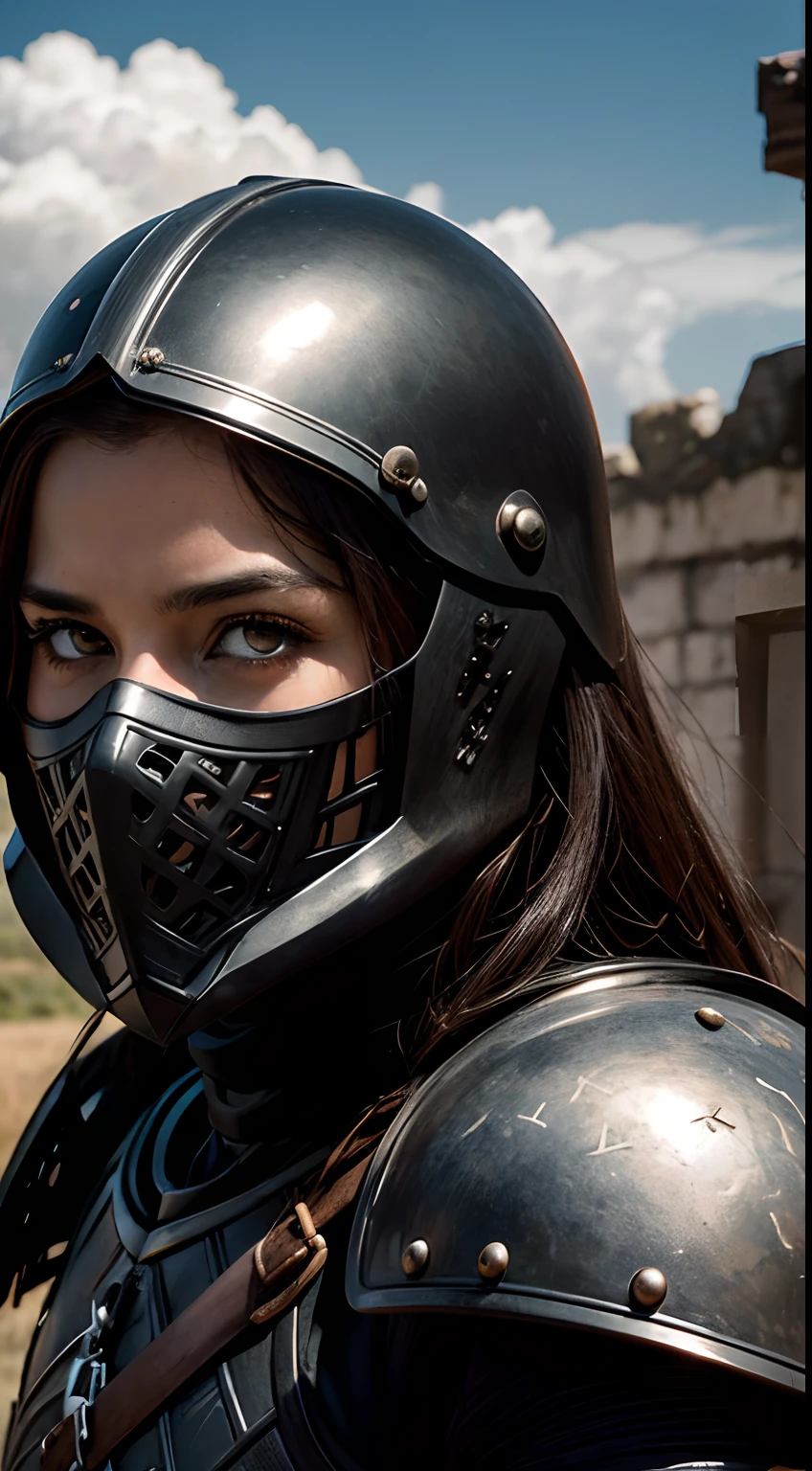 ((Realistic)), Cinematic shot, kino, Link to the photo, Highest Quality, hiquality, (Detailed face and eyes:1.1), A huge knight in black armor, ((Intricate helmet)), Face mask armor, ((big eyes)), black sclera, in the countryside, Black Eyes, sub-surface Scattering, Intricate (high detail), ((Cute)), (detailed skin:1.1), sparkly skin, photo realism, voluminous lighting, Magic Circles, castle on the background,