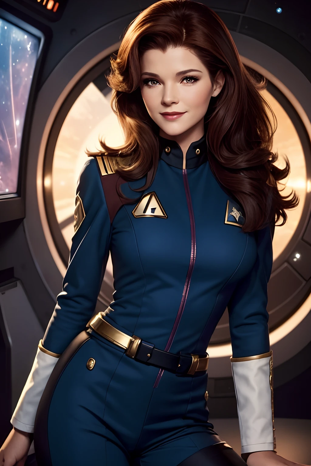 a 20 year old sexy space babe, beautiful captain Janeway with long luscious brown hair, eyeliner, lipstick, eyeshadow, flirty smile, cute glint in her eye, youthful enthusiasm, on the bridge of the enterprise, wearing a tng uniform, refined face detail,