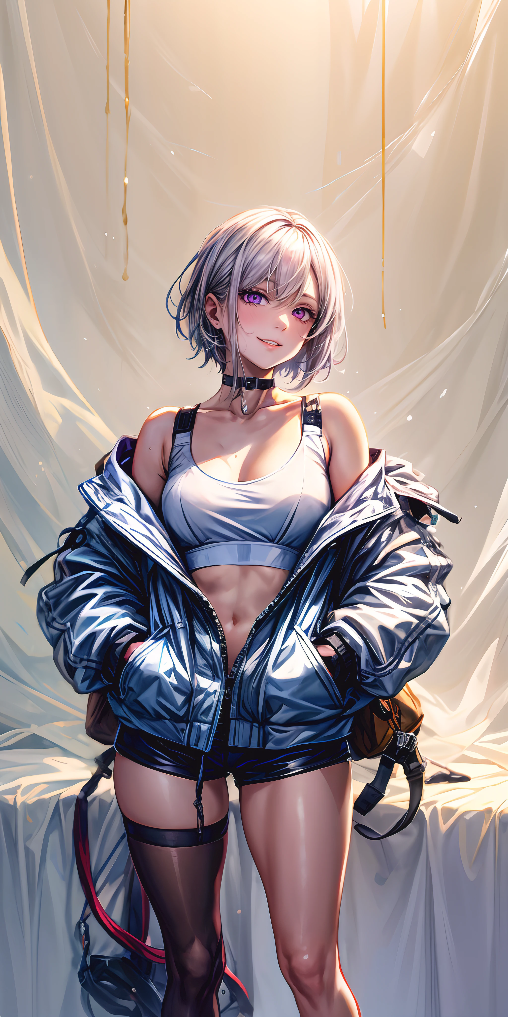 (shaded face:1.2), hollow eyes, purple eyes, looking at viewer, heavy breathing, smirk, uppert teeth, short hair, silver hair, purple eyes, white choker, looking back, open jacket, sport bra, hotpants, hands in pocket, bare shoulder, , "Photorealistic, Hyperrealistic, Hyperdetailed, analog style, soft lighting, subsurface scattering, realistic, heavy shadow, masterpiece, best quality, ultra realistic, 8k, golden ratio, Intricate, High Detail, film photography, soft focus"