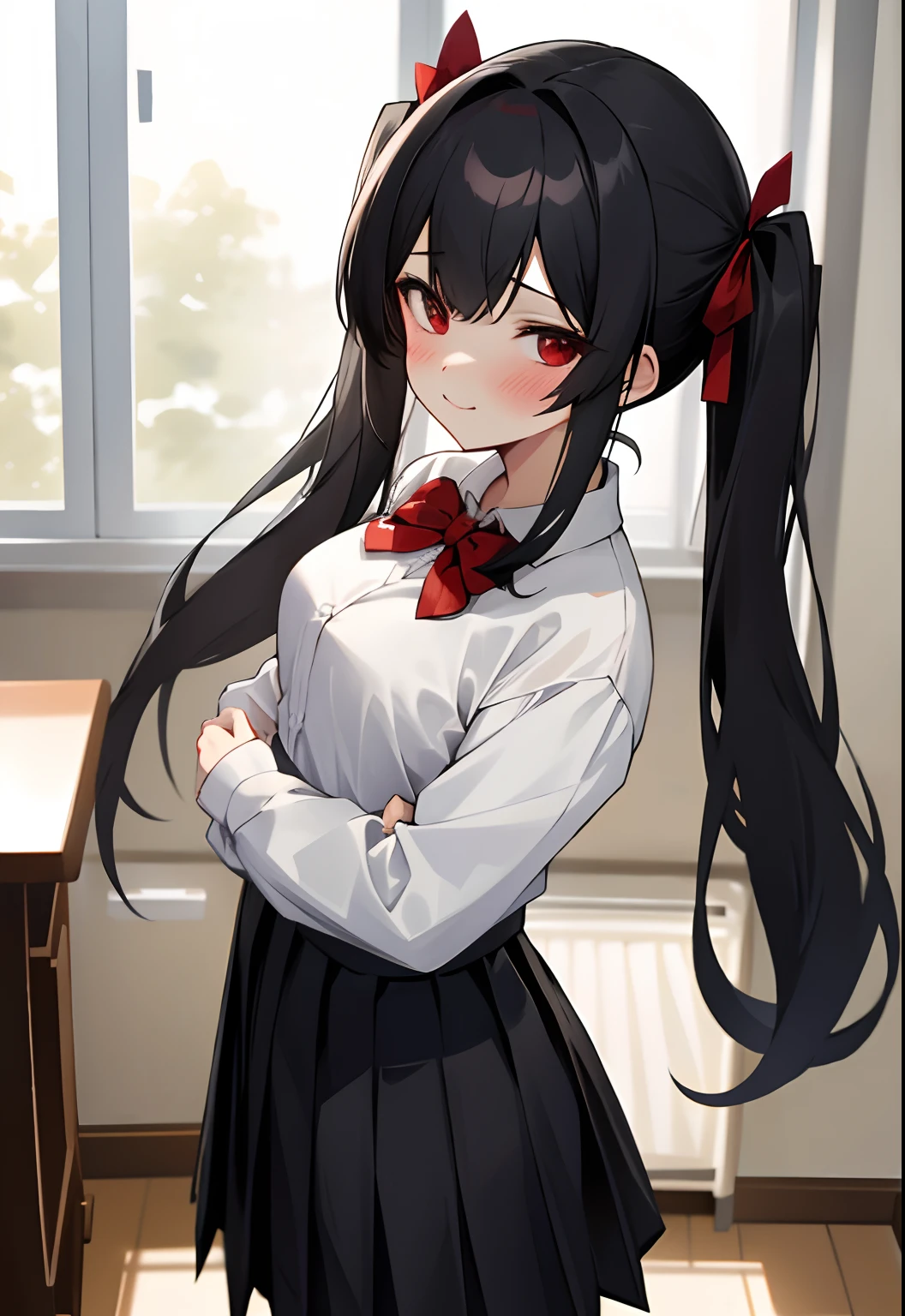 (masterpiece, best quality),ray tracing,absurdres, HDR,1girl, bangs, black hair, twintails, very_long_hair, black_skirt, blush, bow, bowtie,breasts, depth_of_field, hair_between_eyes, hair_ribbon, indoors, , long_sleeves, looking at viewer, , pleated_skirt, red bow, red bowtie, red_eyes, red ribbon, school_uniform, shirt, sidelocks, pleated skirt, solo, white_shirt,cowboy shot,happy,cute face