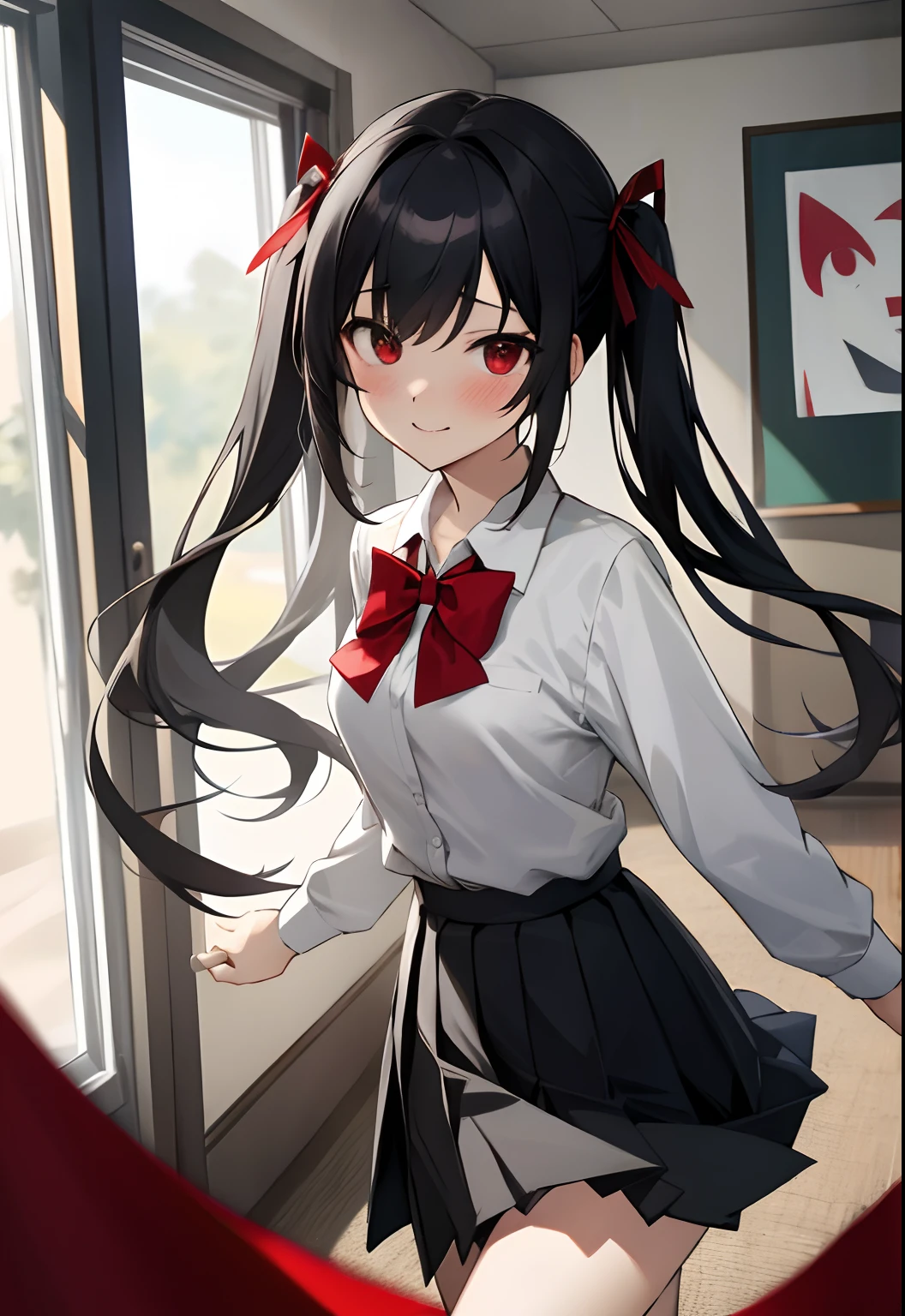 Cute girl, twintails, black hair, white shirt, red tie, Red short skirt, classroom, smile, Hands behind back, Half body, Evil smile, Taking off tie, normal finger