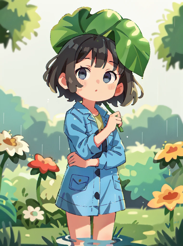 masterpiece, best quality, 1girl,looking at viewer,leaf umbrella,leaf,brwon hair,short hair,floral dress, denim jacket,outdoar,rain