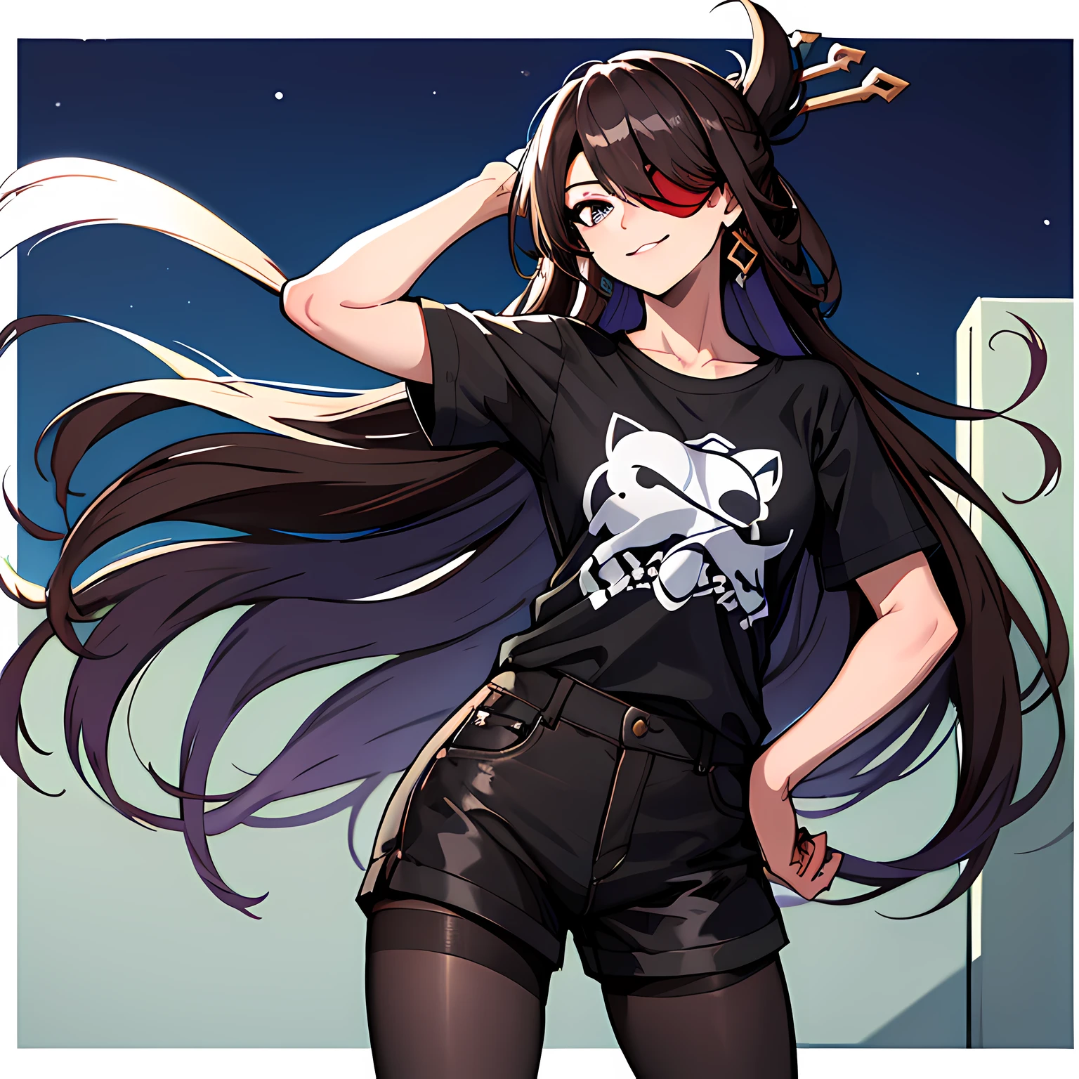 (absurdres, 8k, 4k, masterpiece, hyper extreme detailed:1.2), solo, 1girl, front view portrait, best quality, expressive eyes, perfect face, 1girl, portrait, solo, Female, mature female, adult, brown hair, eyepatch, long hair, pirate, cool, confident, laughing, perfect anatomy, messy hair, wild hair, bedroom background, night time, night sky, cowboy shot, half body, perfect anatomy, flowing hair, windy hair, wind, beidoudef, beidournd, casual wear, graphic t-shirt, shorts, pantyhose, bathroom background, front view, looking forward, closed mouth, confused, hand to head, head tilt,