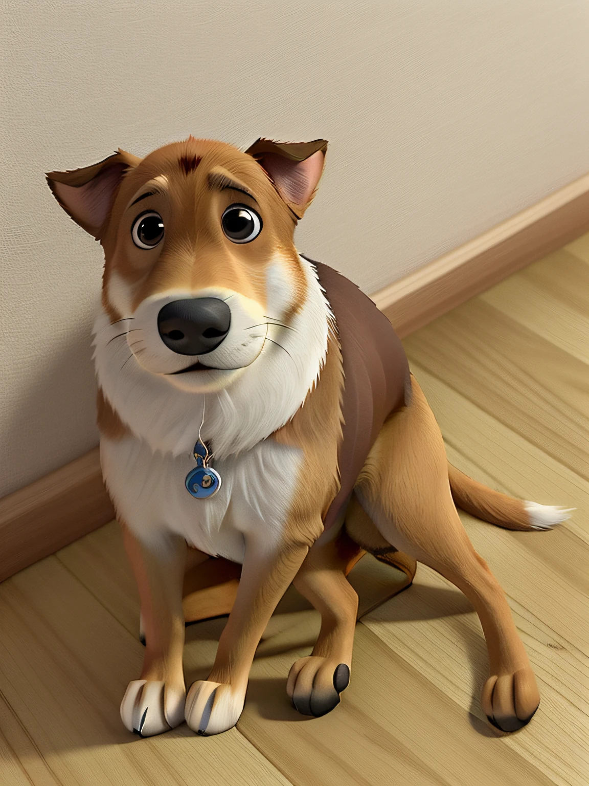 Estilo Disney Pixar, Dog sitting on wooden floor, cachorro cor de caramelo com o peito e as patas brancas, olhar profundo