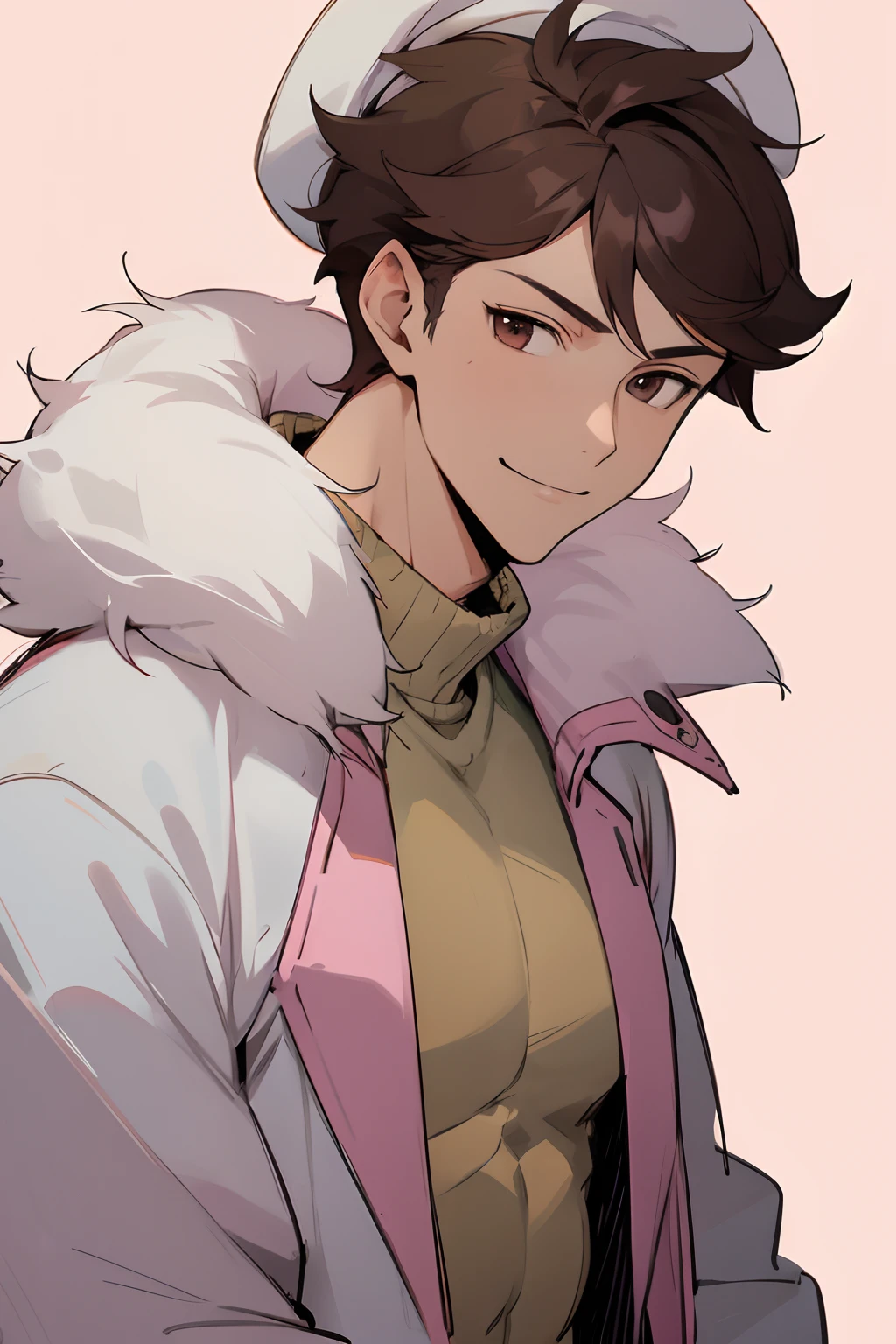 1 man, handsome man, mature man, manly, pretty, well built, muscular, 20 year old man, oikawa tooru, fluffy pink sweater, pink focus, illustration, simple background, white beret, smiling, seductive