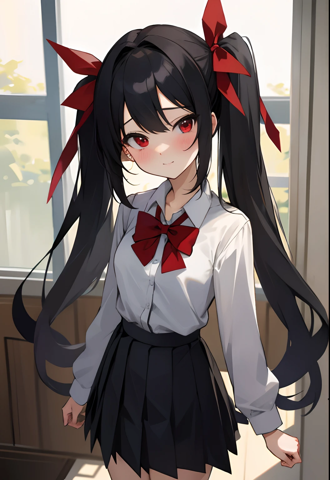 (masterpiece, best quality),ray tracing,absurdres, HDR,1girl, bangs, black hair, twintails, very_long_hair, black_skirt, blush, bow, bowtie,breasts, depth_of_field, hair_between_eyes, hair_ribbon, indoors, , long_sleeves, looking at viewer, , pleated_skirt, red bow, red bowtie, red_eyes, red ribbon, school_uniform, shirt, sidelocks, pleated skirt, solo, white_shirt,cowboy shot,happy,cute face