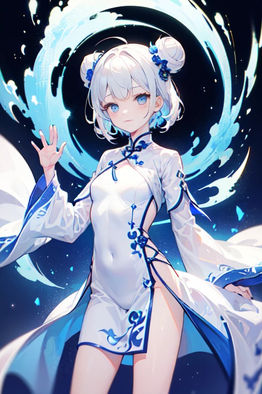 (Highest image quality, high resolution, Masterpiece, Masterpiece, Maximum level, high resolution) (Drawing: Whole body) (number of people: 1 person) (gender: Slender, Nice and beautiful girl) (age: , 10 years olor: Gorgeous white) (Hair color : Delicate white hair, Silver) (Hairstyles: Medium hair, Big buns) (face: Anime face, beautiful lovely) (Eyes: Deep and sparkling blue, slanty eyes) (Mouth: Slightly open) (Body type: Short stature, Slender, Medically correct, Young breasts, small ) (Limb shape: Slender, Medically correct limbs, 5 fingers) (Clothing: Short white cheongsam) (colors of clothing: Transparent, Transparent white ) (Clothing pattern: Intricate blue pattern) (Clothing movement: Waving in the wind) (Posture: Stand behind your back with your hands folded),(Clear crotch),Pee,pissing