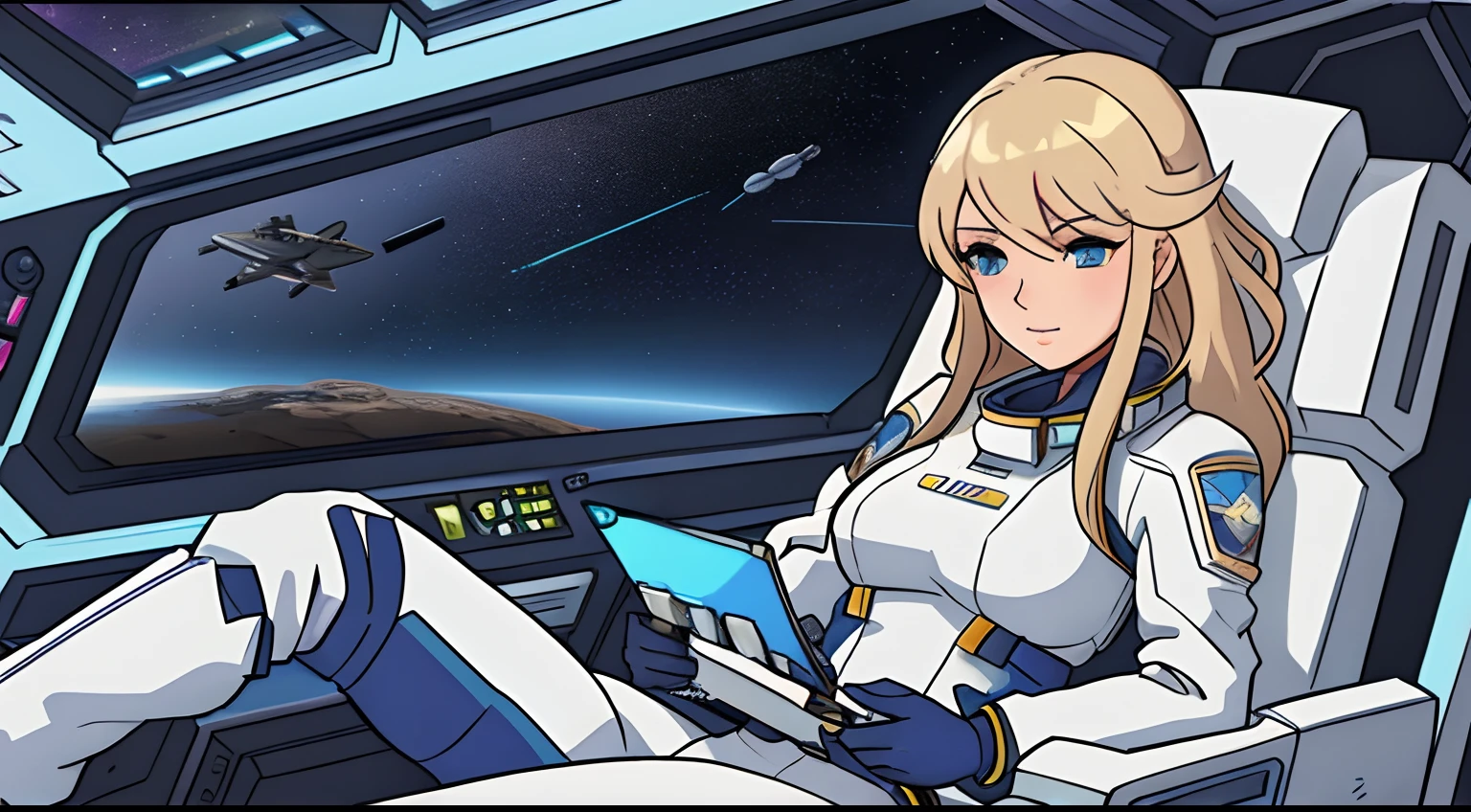 Blonde woman on space station with sky view, Sci-fi pilot, Beautiful sci-fi art, Futuristic starship crew member, On a spaceship, on a futuristic spaceship, 60's sci-fi pinup style, sadly sitting in a spaceship, A powerful woman, sitting in space, in the cockpit of a spacecraft, Star Citizen Digital Art