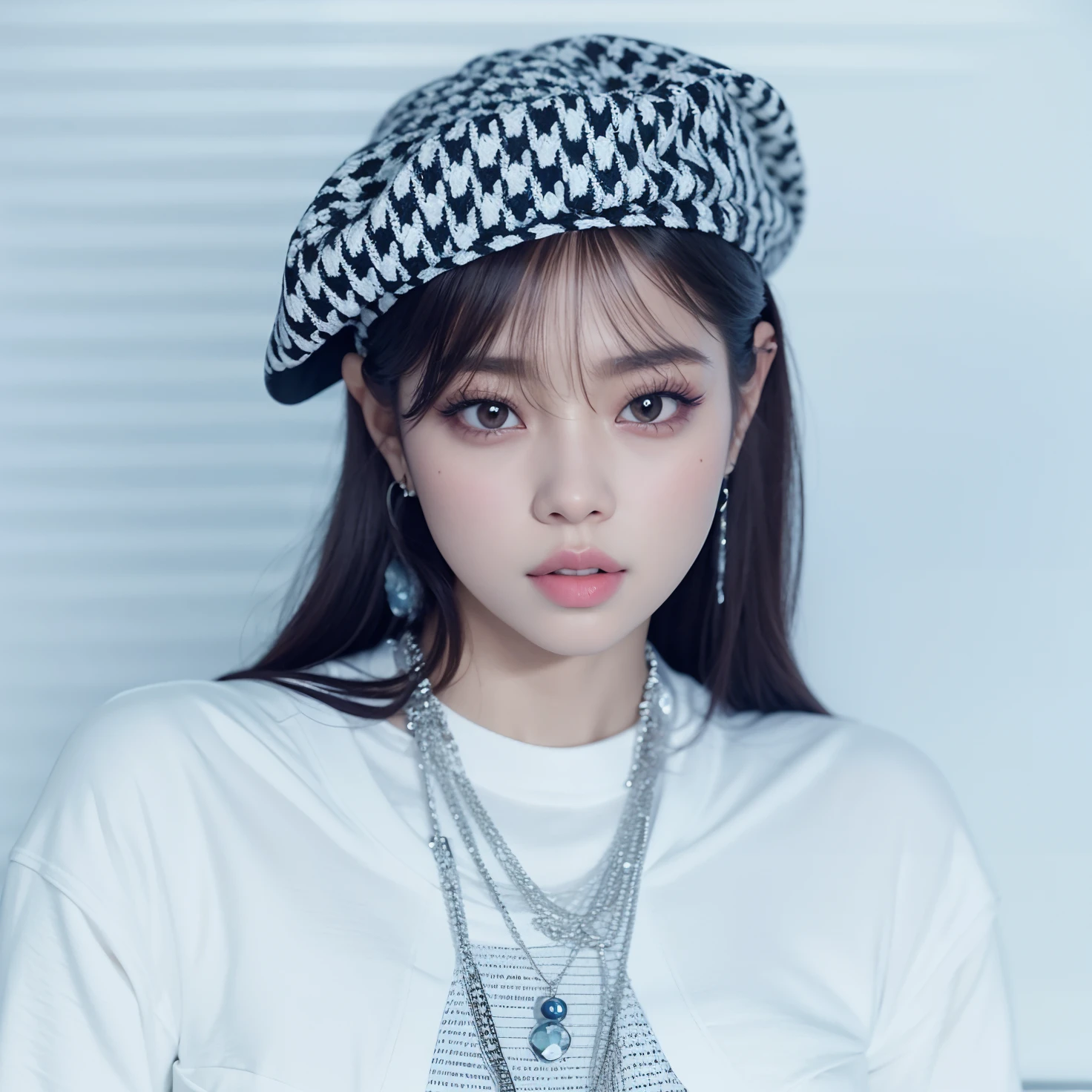 A closeup of a woman wearing a hat and a necklace, jennie blackpink, jossi do blackpink, Parque Roseanne do Blackpink, Retrato de Jossi de Blackpink, Lalisa Manobal, Parque Ji-min, Lalisa Manoban do Blackpink, jisoo do blackpink, Jisoo do Blackpink, Retrato Jisoo Blackpink, tzuyu de duas vezes com olhos vermelhos