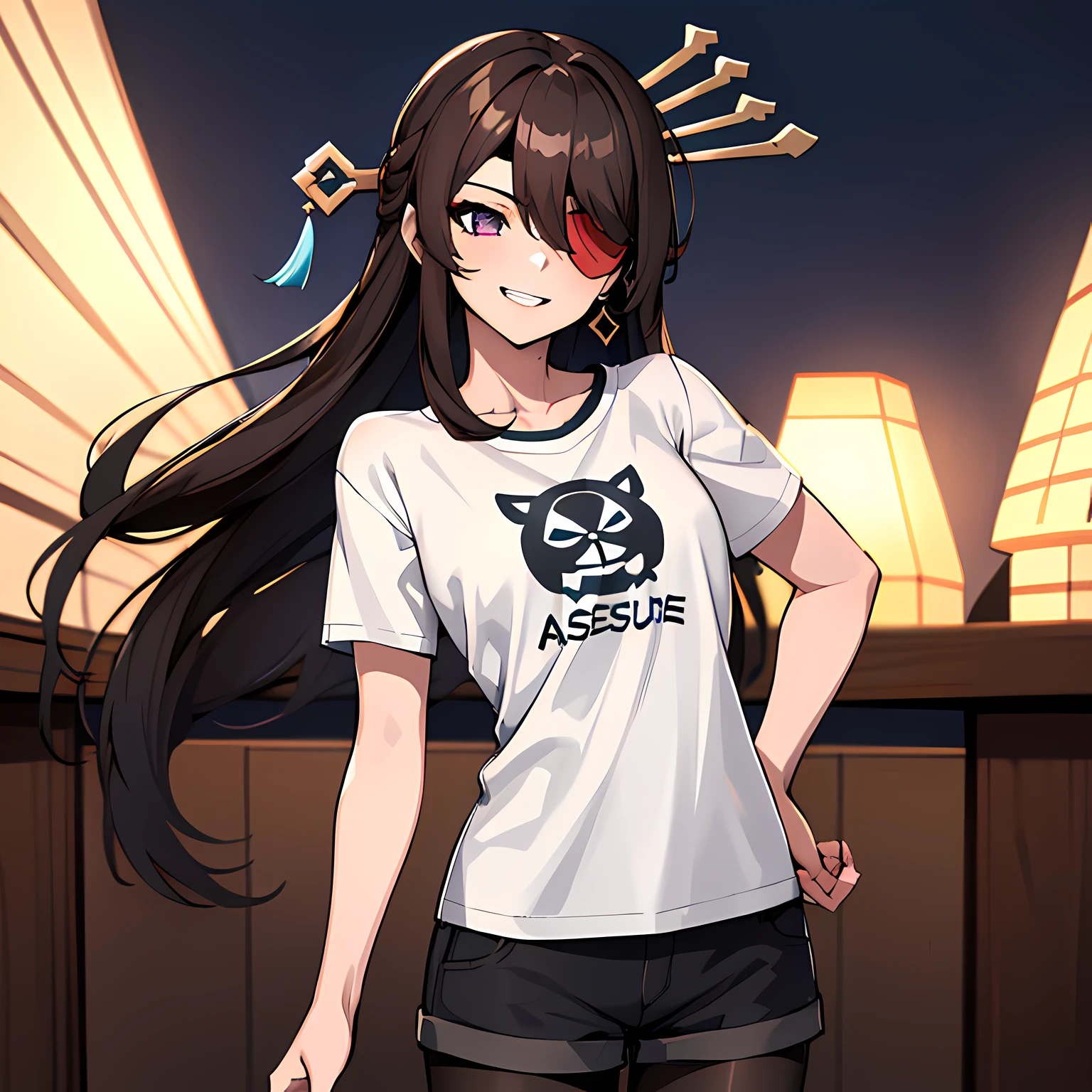 (absurdres, 8k, 4k, masterpiece, hyper extreme detailed:1.2), solo, 1girl, front view portrait, best quality, expressive eyes, perfect face, 1girl, portrait, solo, Female, mature female, adult, brown hair, eyepatch, long hair, pirate, cool, confident, laughing, perfect ???????, messy hair, wild hair, bedroom background, night time, night sky, cowboy shot, half body, perfect ???????, flowing hair, windy hair, wind, beidoudef, beidournd, casual wear, graphic t-shirt, shorts, pantyhose, bathroom background, front view, looking forward, closed mouth, confused, hand to head, head tilt,