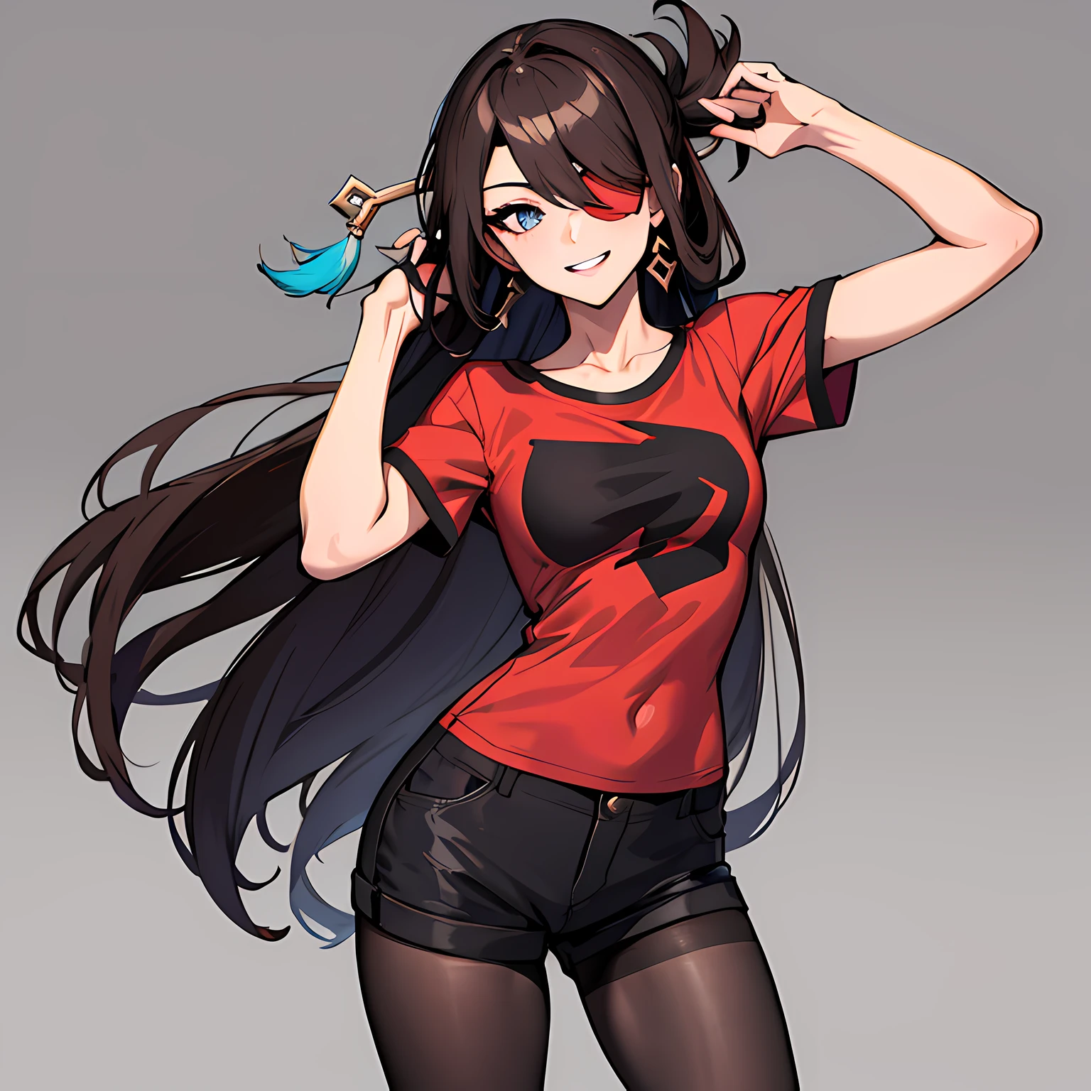 (absurdres, 8k, 4k, masterpiece, hyper extreme detailed:1.2), solo, 1girl, front view portrait, best quality, expressive eyes, perfect face, 1girl, portrait, solo, Female, mature female, adult, brown hair, eyepatch, long hair, pirate, cool, confident, laughing, perfect anatomy, messy hair, wild hair, bedroom background, night time, night sky, cowboy shot, half body, perfect anatomy, flowing hair, windy hair, wind, beidoudef, beidournd, casual wear, graphic t-shirt, shorts, pantyhose, bathroom background, front view, looking forward, closed mouth, confused, hand to head, head tilt,