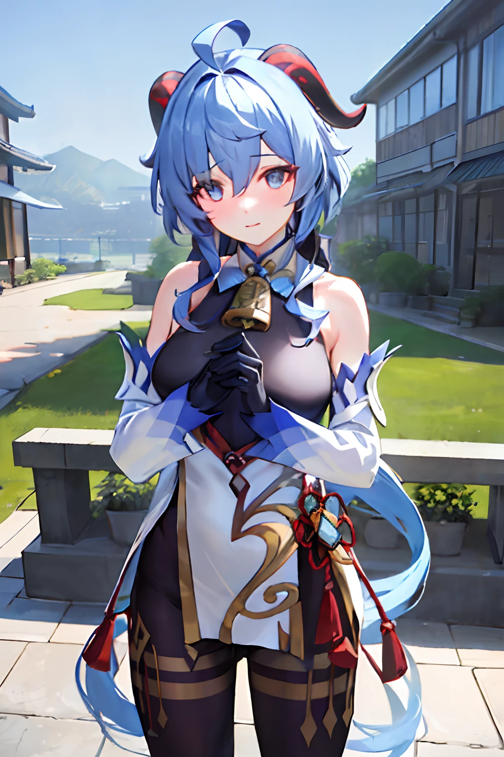 ganyu\(genshin impact\), 1girl, ahoge, buliding, By bangs, cropped shoulders, bell, Black gloves, Black tights, ((blue hair)), Blushlush, breasts, Chinese knot, the sleeve, flower knot, mitts, cow horn, long whitr hair, looking at viewert, middlebreast, Neckbells, lacepantyhose, purpleeyes, temple, solo, nipple tassels, White sleeves, ((masterpiece))