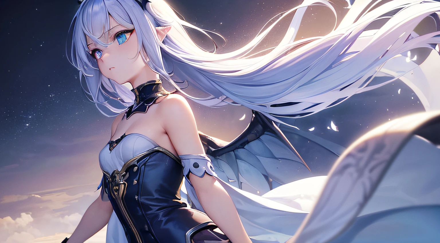 ,(Masterpiece:1.2),(perfects eyes:1.4) ,(Perfect limbs:1.5),(solo person:2)Best anime 4k,Best quality ,(looks away:2.1),(teens girl:1.2),(Close-up of the side faces of the characters:1.3),(The proportion of characters is small:1.1),(The figure stands:1.5),(Half angel wings:1.3),(Half bat wings:1.3),(heterochromatic eyes:1.5),Wrap a bandage around your arm,Gorgeous clothes,long skirt,heroes,Epic fantasy,Majesty,icy