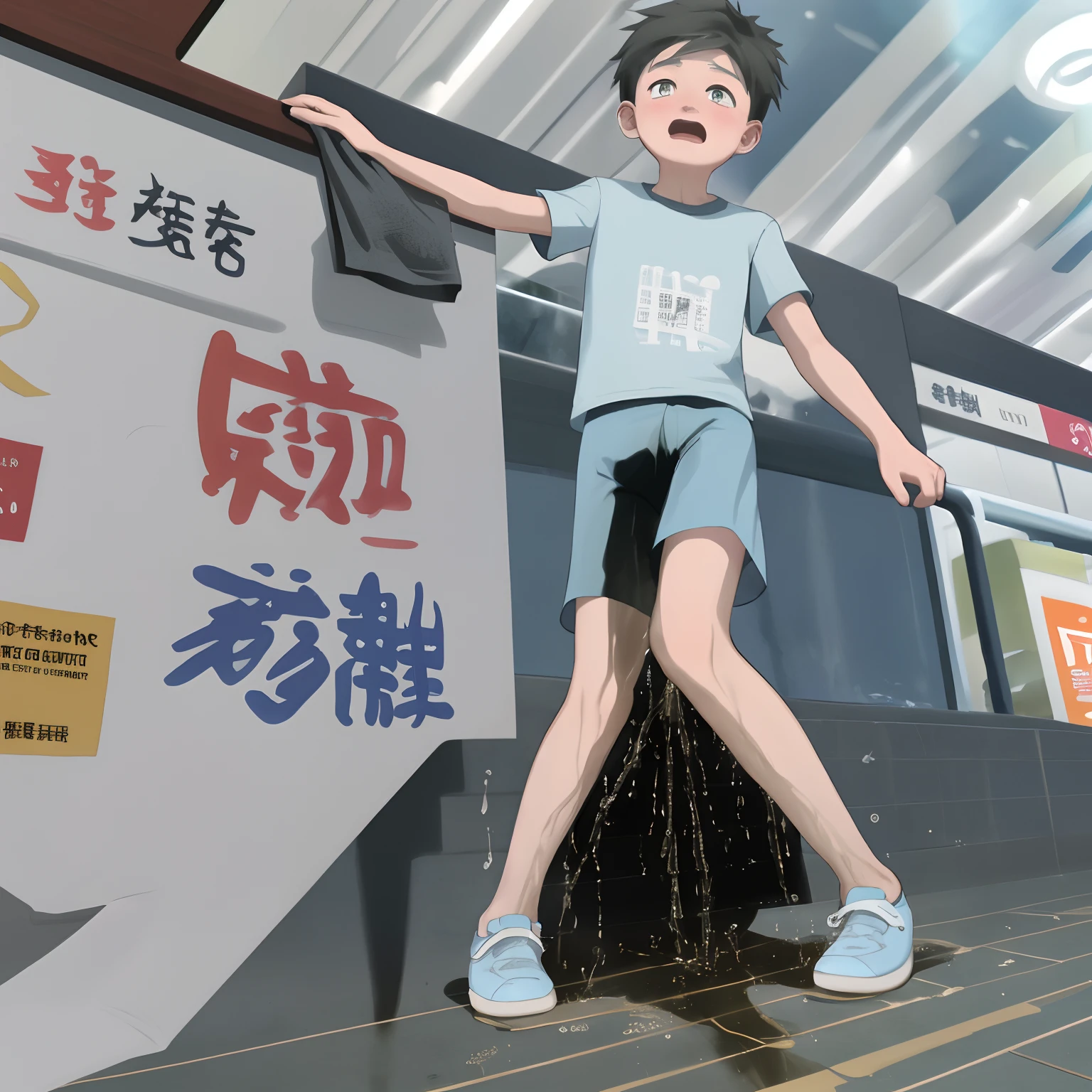 A Chinese boy around 9 years old，Normal body type is slightly thinner，He wears a light blue short-sleeved shirt，Light blue shorts，Shopping at the mall，But he was anxious to urinate，A panicked face，Incontinence，Urine soaked the shorts，Run down your legs to the ground，He cried。