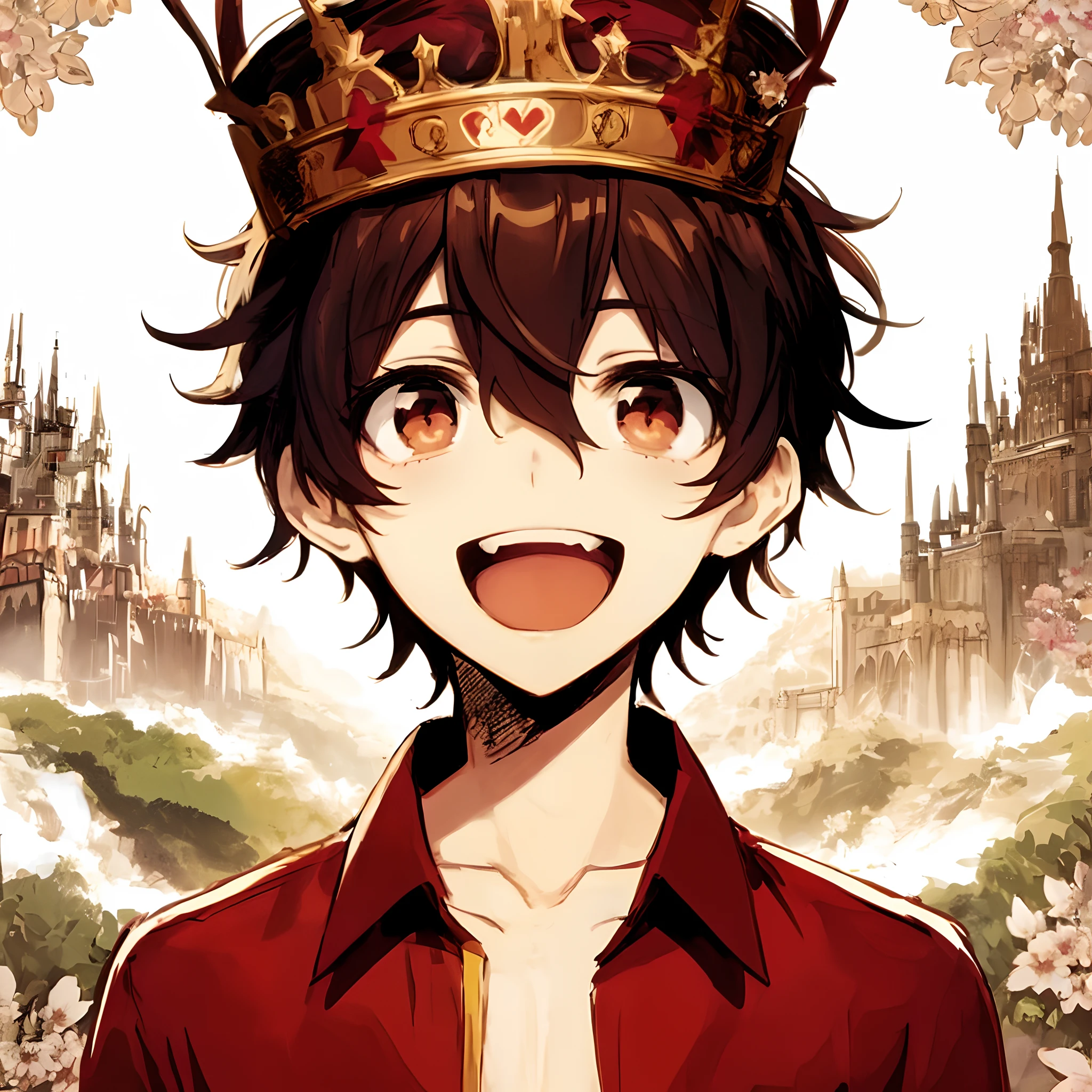 Anime boy with a crown on his head and a castle in the background, prince crown of red gears, traje real akira, homem com coroa, muitas coroas!! upon his head, com uma coroa de ouro, com uma coroa, Arte Oficial, em uma coroa, com coroa, coronation of the flower prince, Kawacy, arte chave do anime, sorridente!! fantasia
