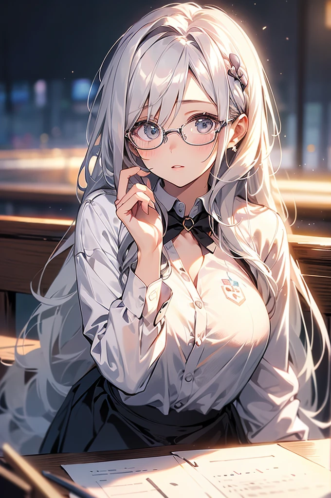 close up shot of woman with glasses and a white shirt, posing for a picture, with glasses, beautiful long hair, kawaii realistic portrait, high quality portrait